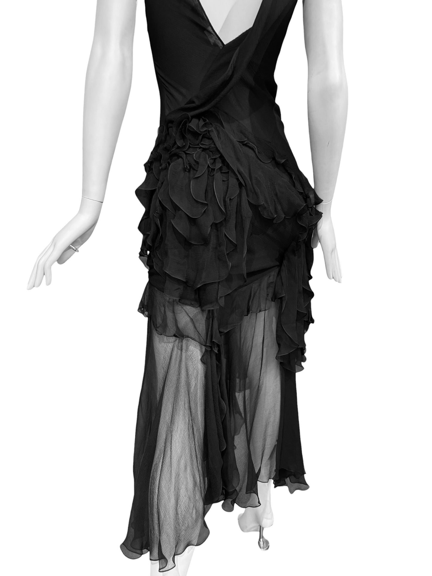 JOHN GALLIANO FW2004 BLACK SILK RUFFLES MAXI DRESS