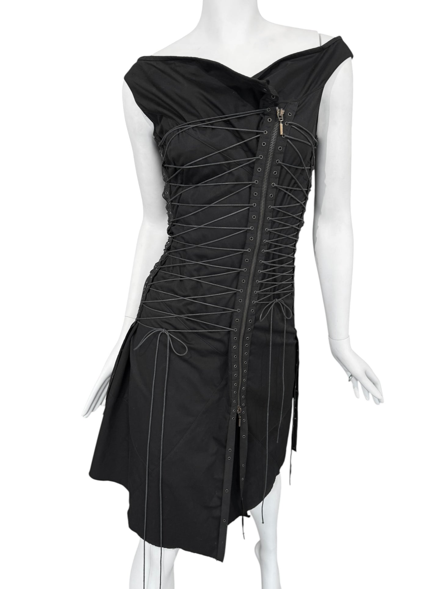 PLEIN SUD SS2003 BLACK LACE-UP BONDAGE MIDI DRESS