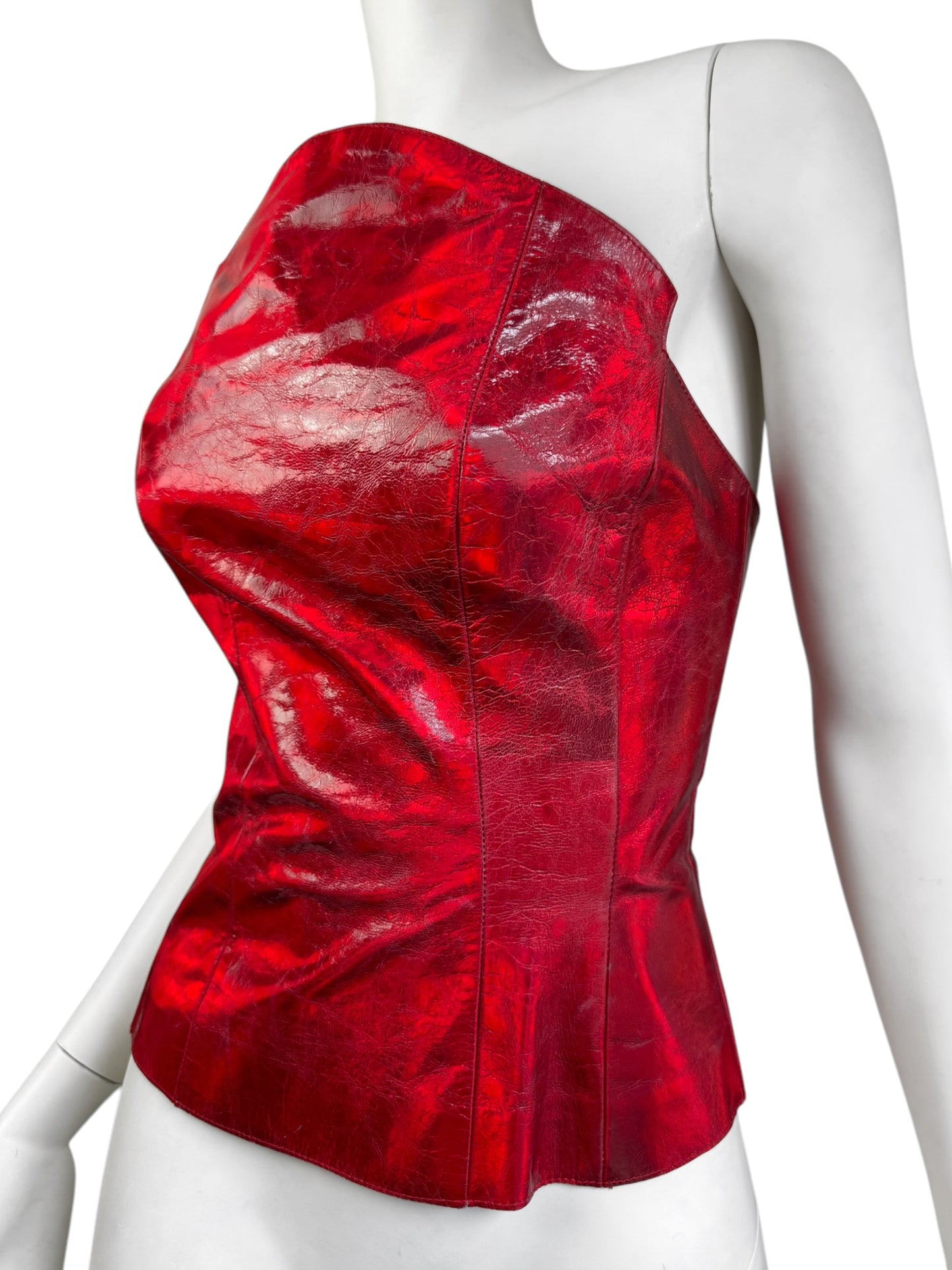 PLEIN SUD 1990s METALLIC RED LEATHER CORSET BUSTIER TOP