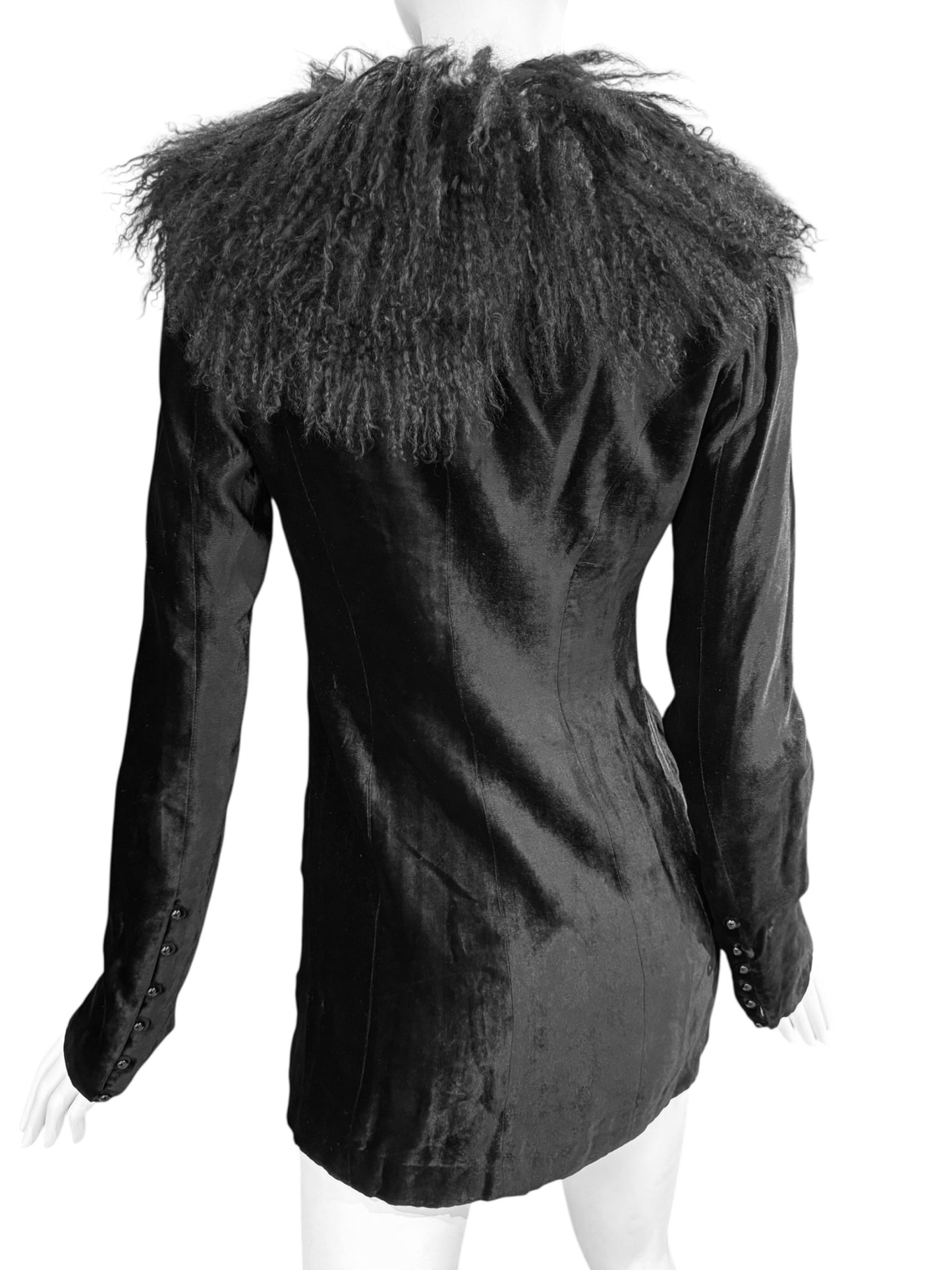 PLEIN SUD FW1994 BLACK VELVET & MONGOLIAN LAMB FUR JACKET