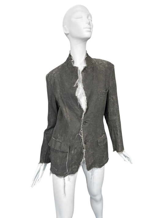 RIPVANWINKLE 2000s GREY LINEN PAINTED DISTRESS BLAZER
