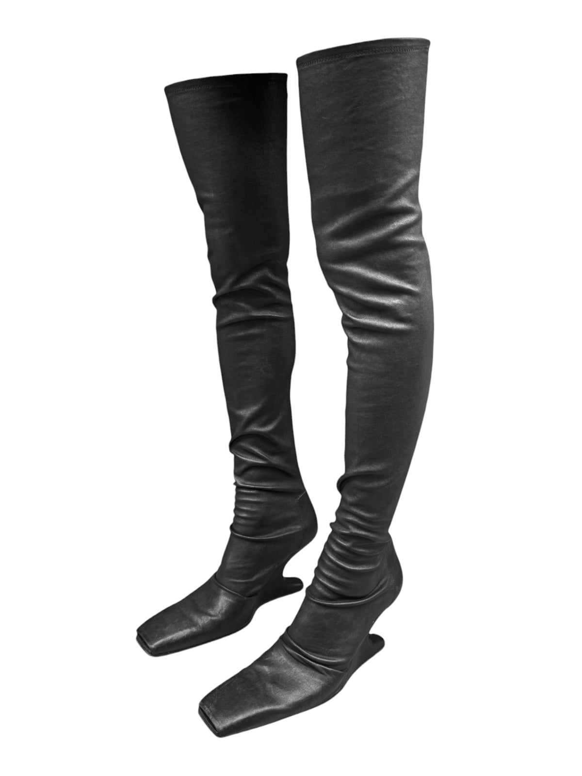 RICK OWENS 2020s BLACK LEATHER CANTILEVER TIGH-HIGH BOOTS