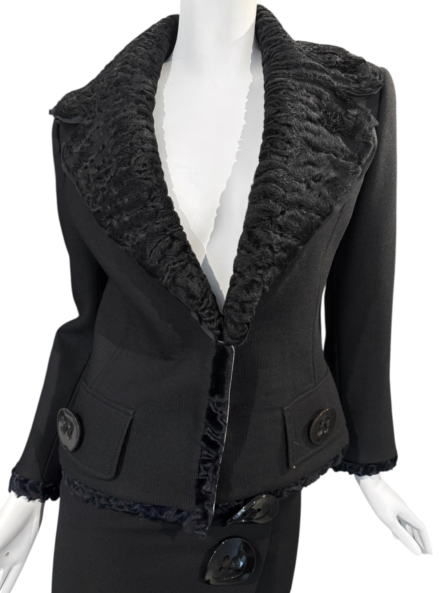 DOLCE & GABBANA FW2005 BLACK WOOL ASTRAKAN FUR TRIM BUTTONS SKIRT SUIT