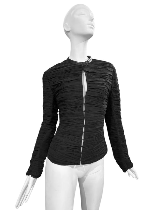 ALEXANDER MCQUEEN FW2002 «SUPERCALIFRAGILISTICEXPIALIDOCIOUS» BLACK RUCHED SILK JACKET