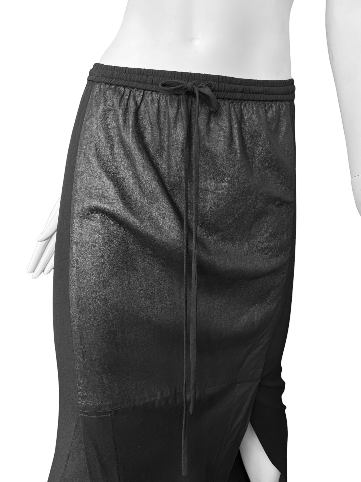 ILARIA NISTRI 2010s BLACK LEATHER & SILK MAXI SKIRT