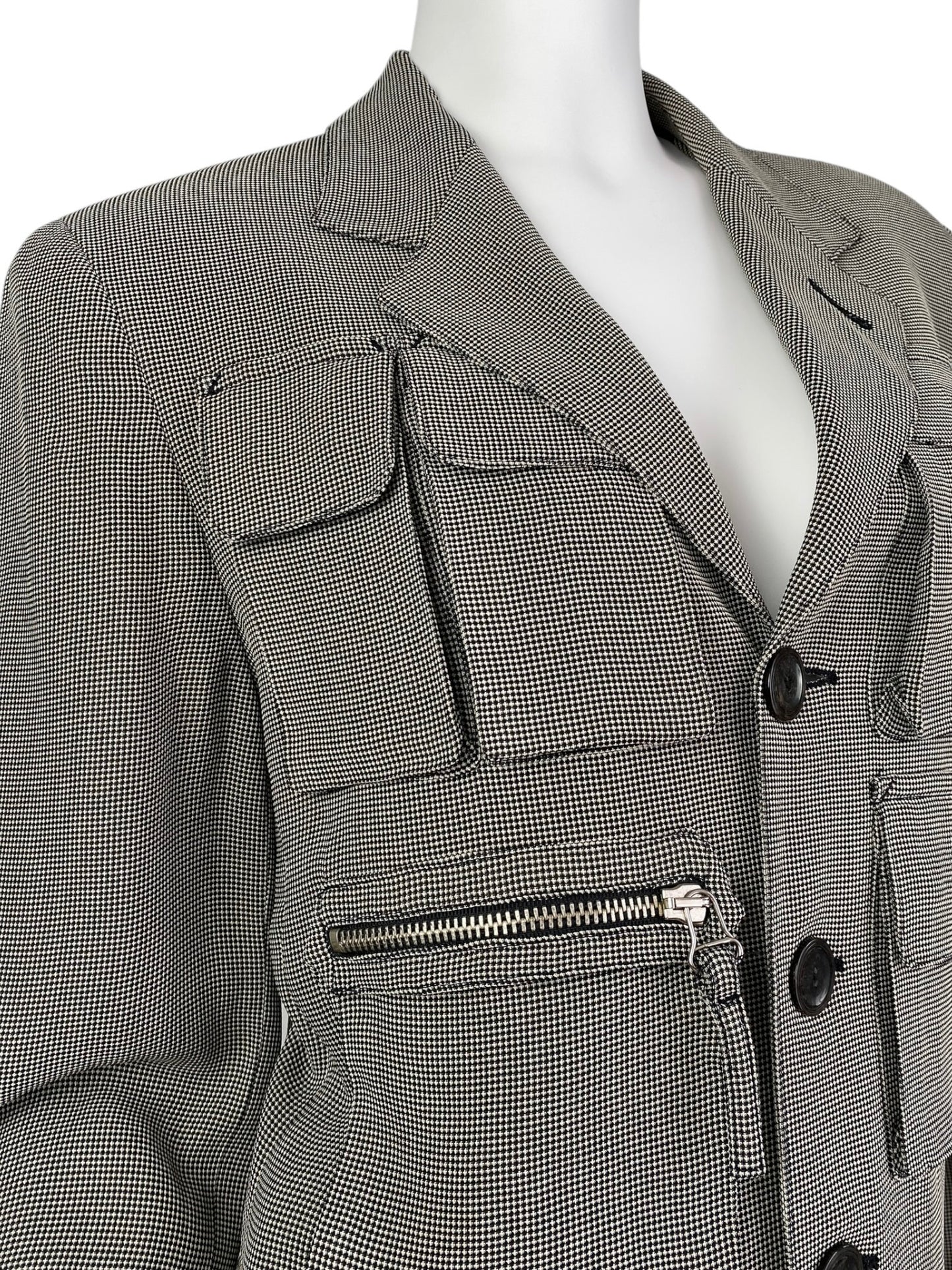 JEAN-PAUL GAULTIER 1980s LIGHT GREEN/GREY CHECKERED UTILITY POCKET SKIRT SUIT (BLAZER & SKIRT)