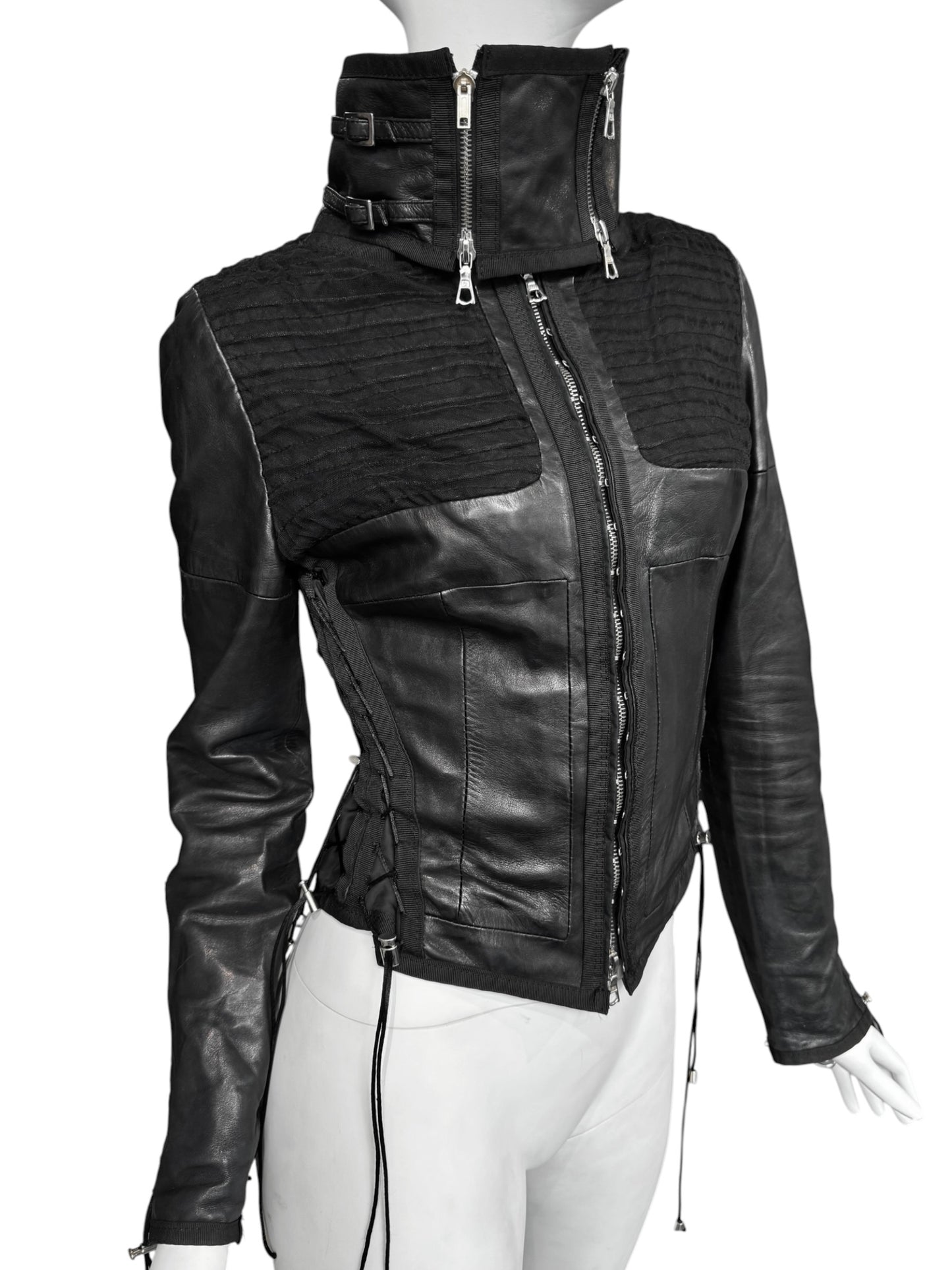 JITROIS 2000S BLACK LEATHER & MESH LACE-UP JACKET
