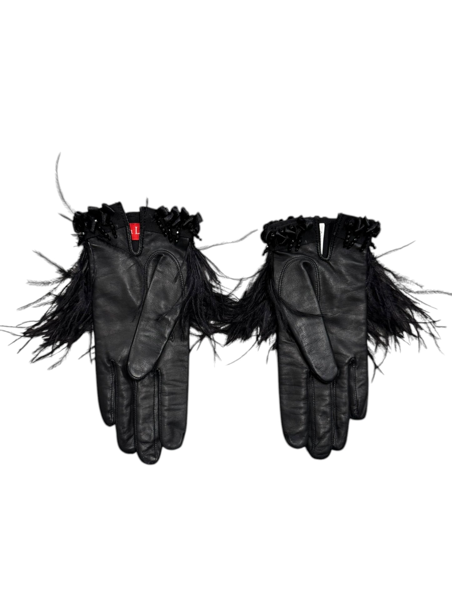 CHRISTIAN LACROIX 2000s BLACK LEATHER & OSTRICH FEATHERS EMBELLISHED CLUTCH & GLOVES