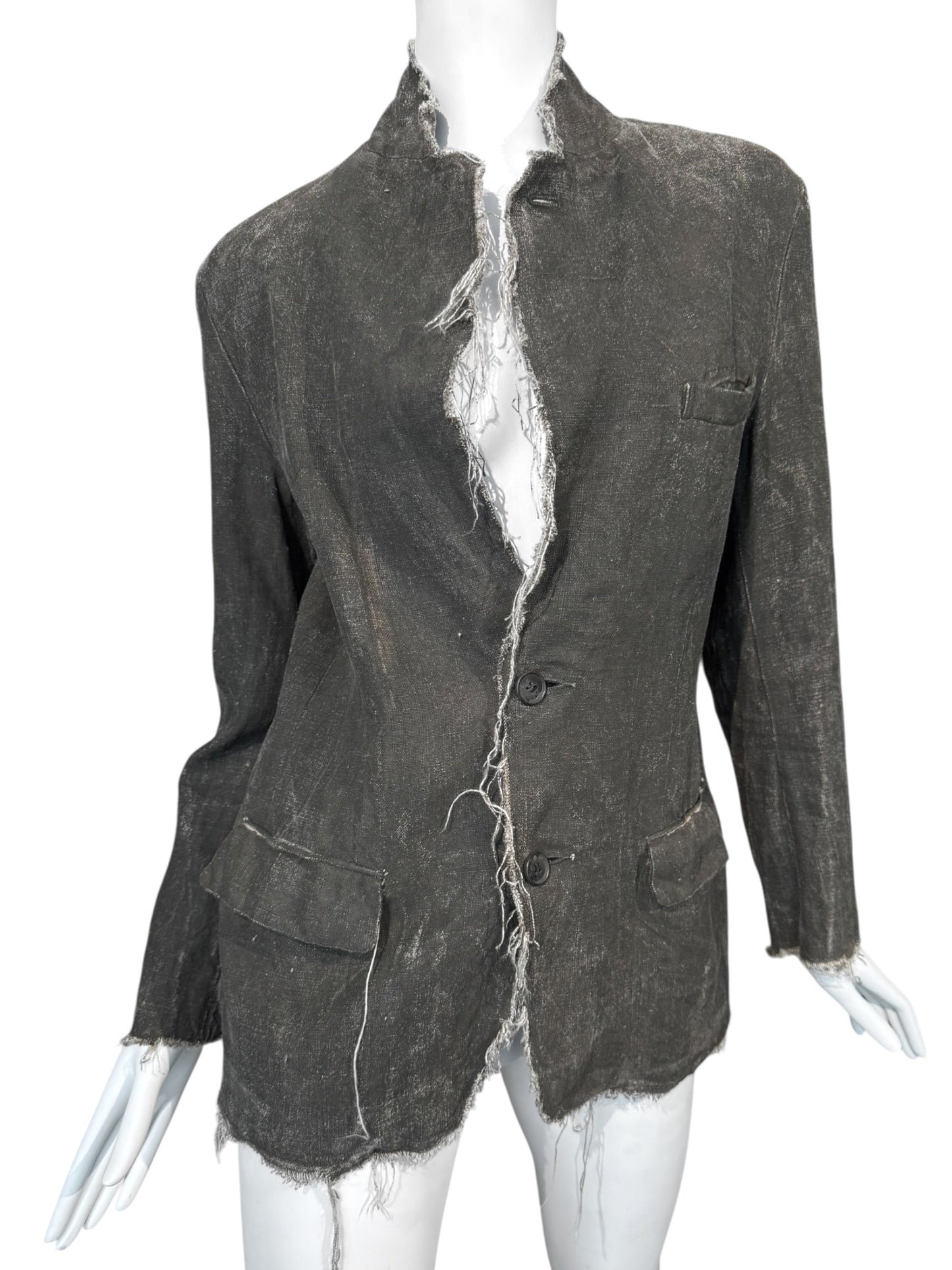 RIPVANWINKLE 2000s GREY LINEN PAINTED DISTRESS BLAZER