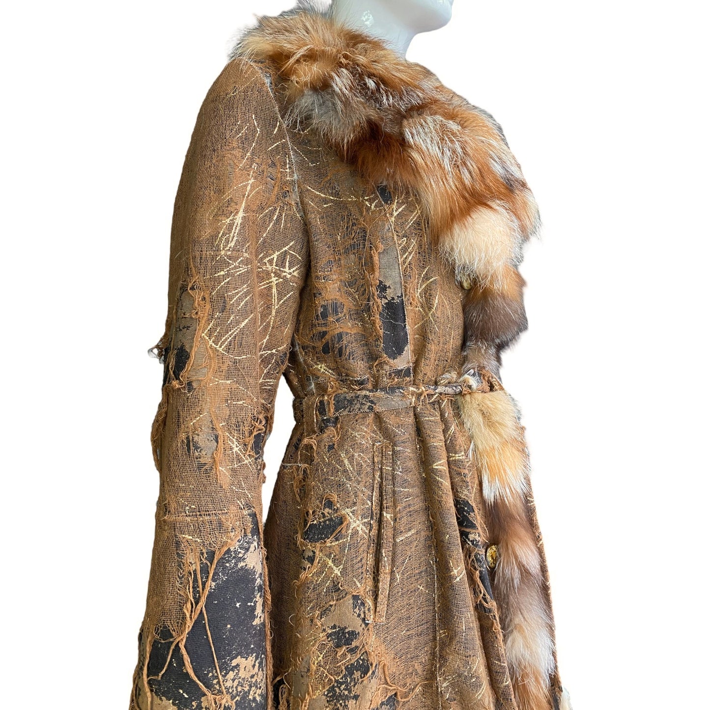 AMORETTI 2000s BROWN FOX FUR & GOLD LEAVES DISTRESSED COAT