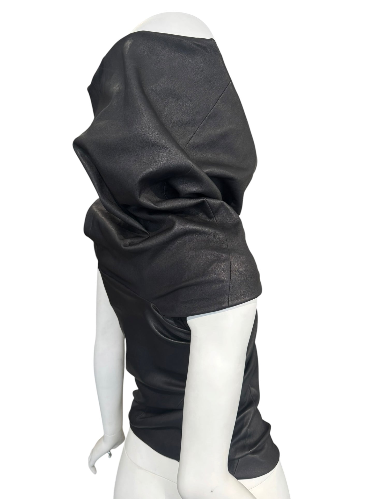 RICK OWENS SS2024 «LIDO» BLACK LEATHER DRAPED TANK TOP