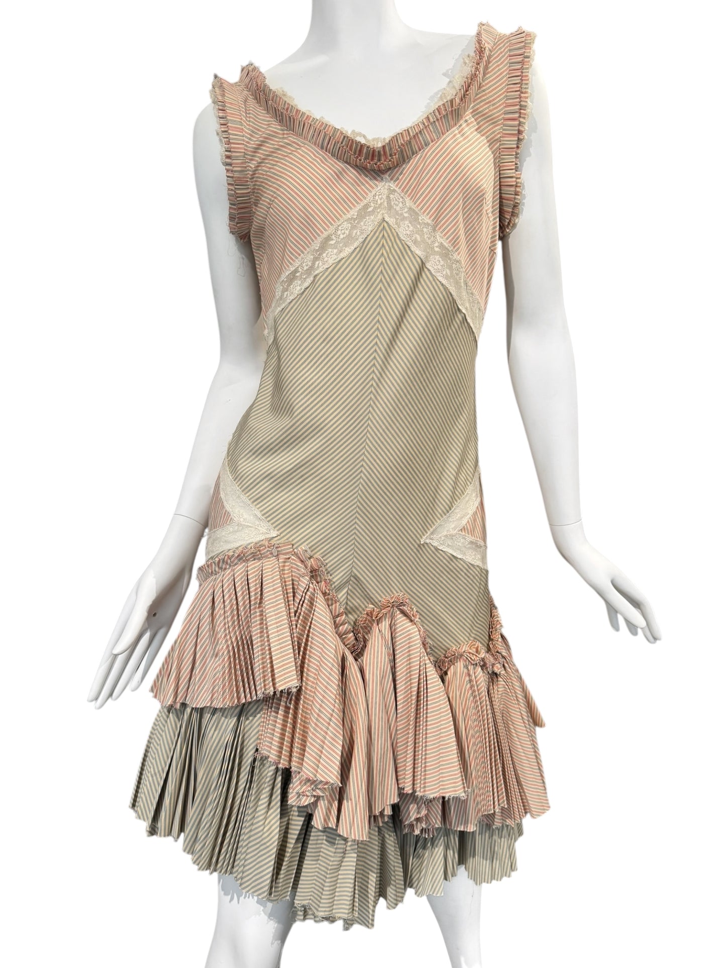 ALEXANDER MCQUEEN SS2005 «IT’S ONLY A GAME» PINK & GREEN STRIPED PLEATED MIDI DRESS