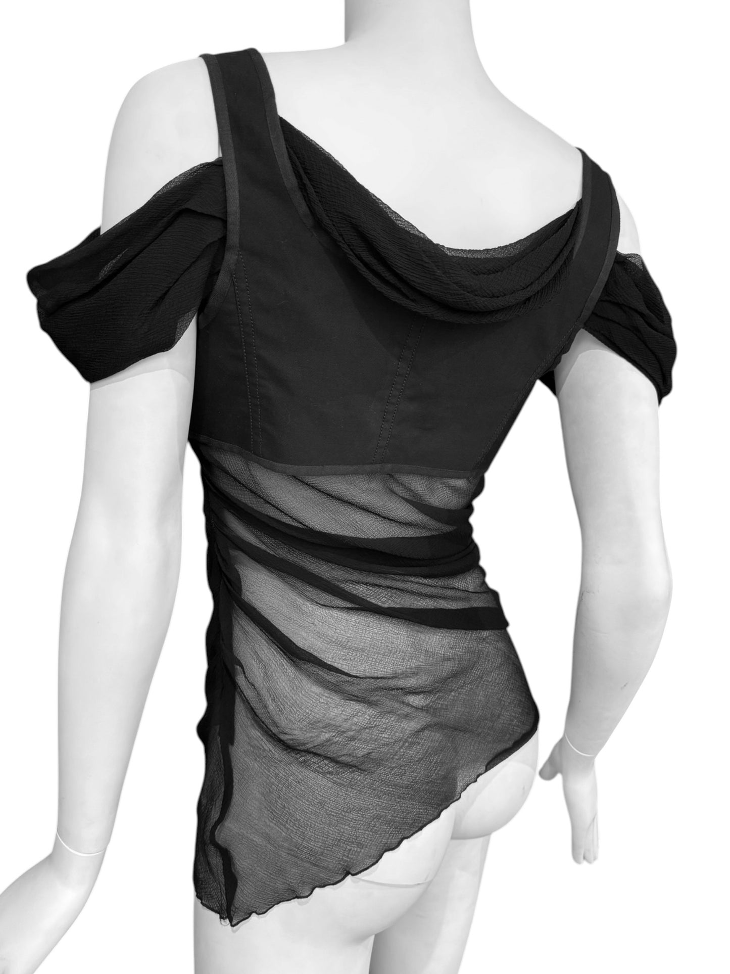 ALEXANDER MCQUEEN SS2005 «IT’S ONLY A GAME» BLACK SILK DRAPED CORSET TOP