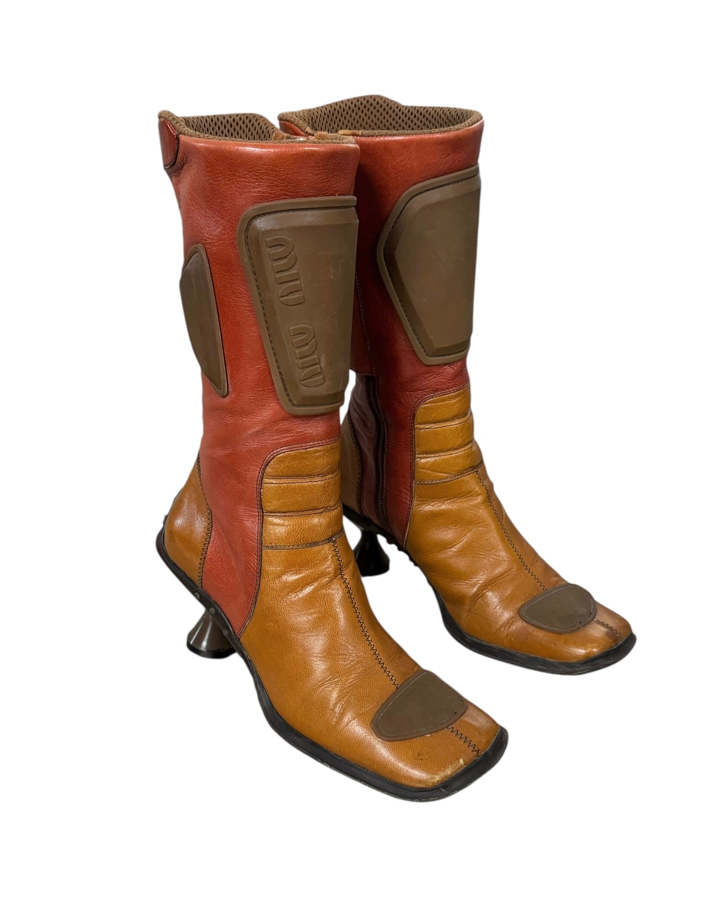 MIU MIU FW1999 ORANGE/RED/BROWN LEATHER BUBBLE SOLE BIKER BOOTS
