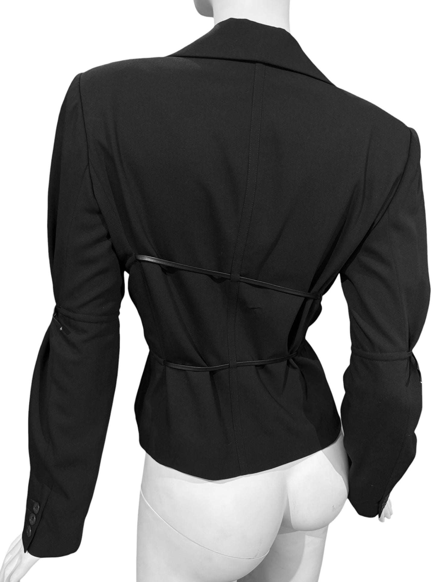 PLEIN SUD 1990s BLACK WOOL LEATHER STRAPS BLAZER