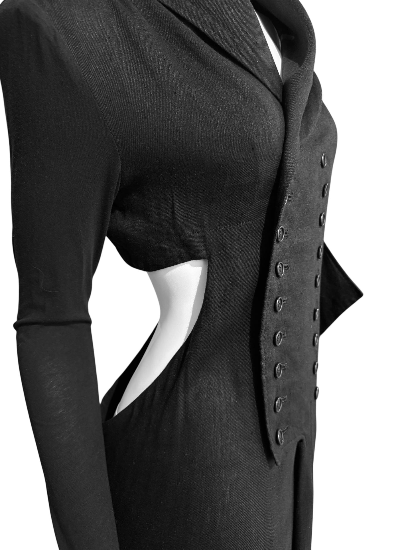 YOHJI YAMAMOTO SS2019 BLACK LINEN DOUBLE BREASTED CUT OUT MAXI DRESS