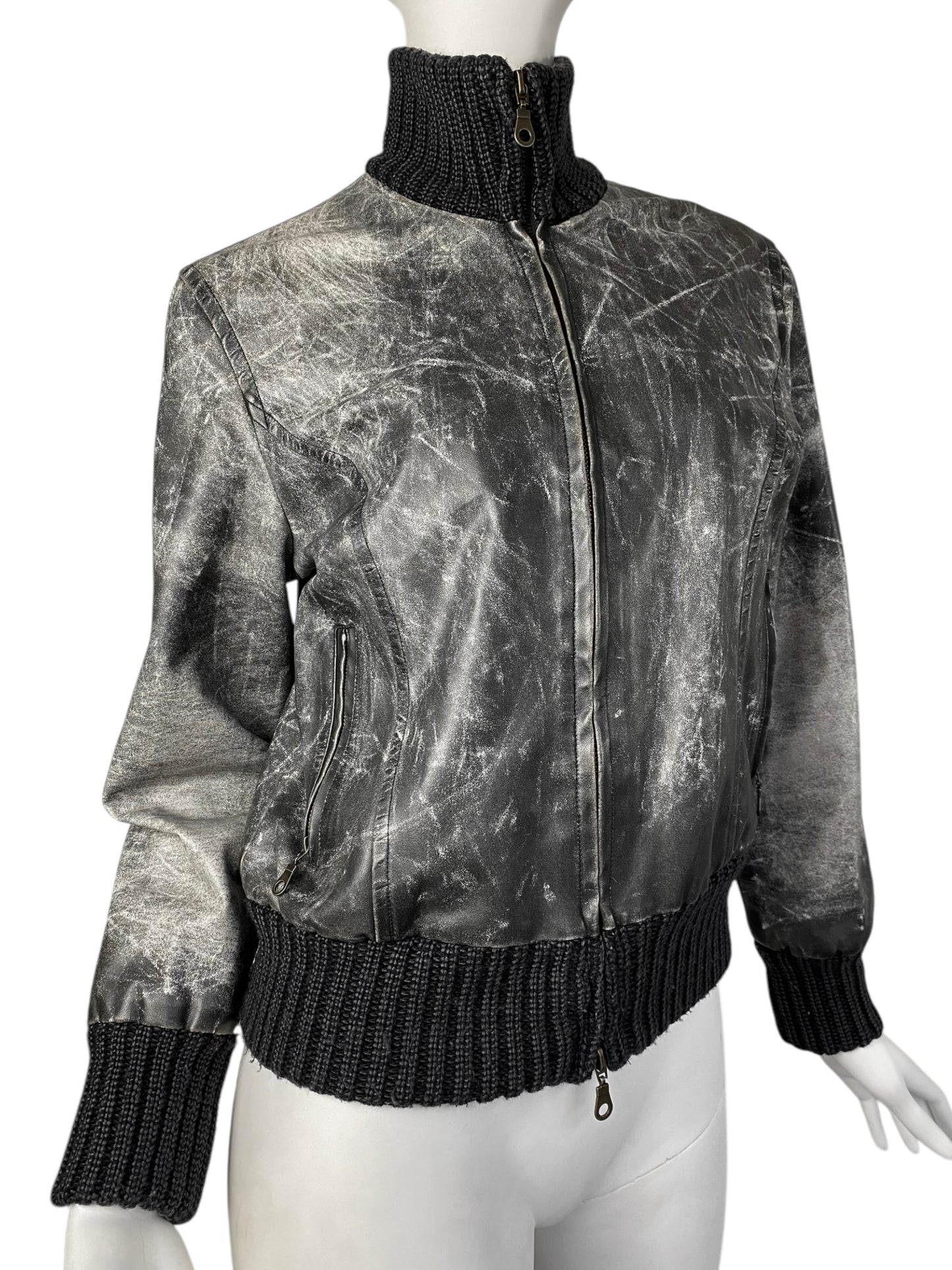 ANDY RODIN 2000s GREY DISTRESSED PRINT FAUX-LEATHER JACKET