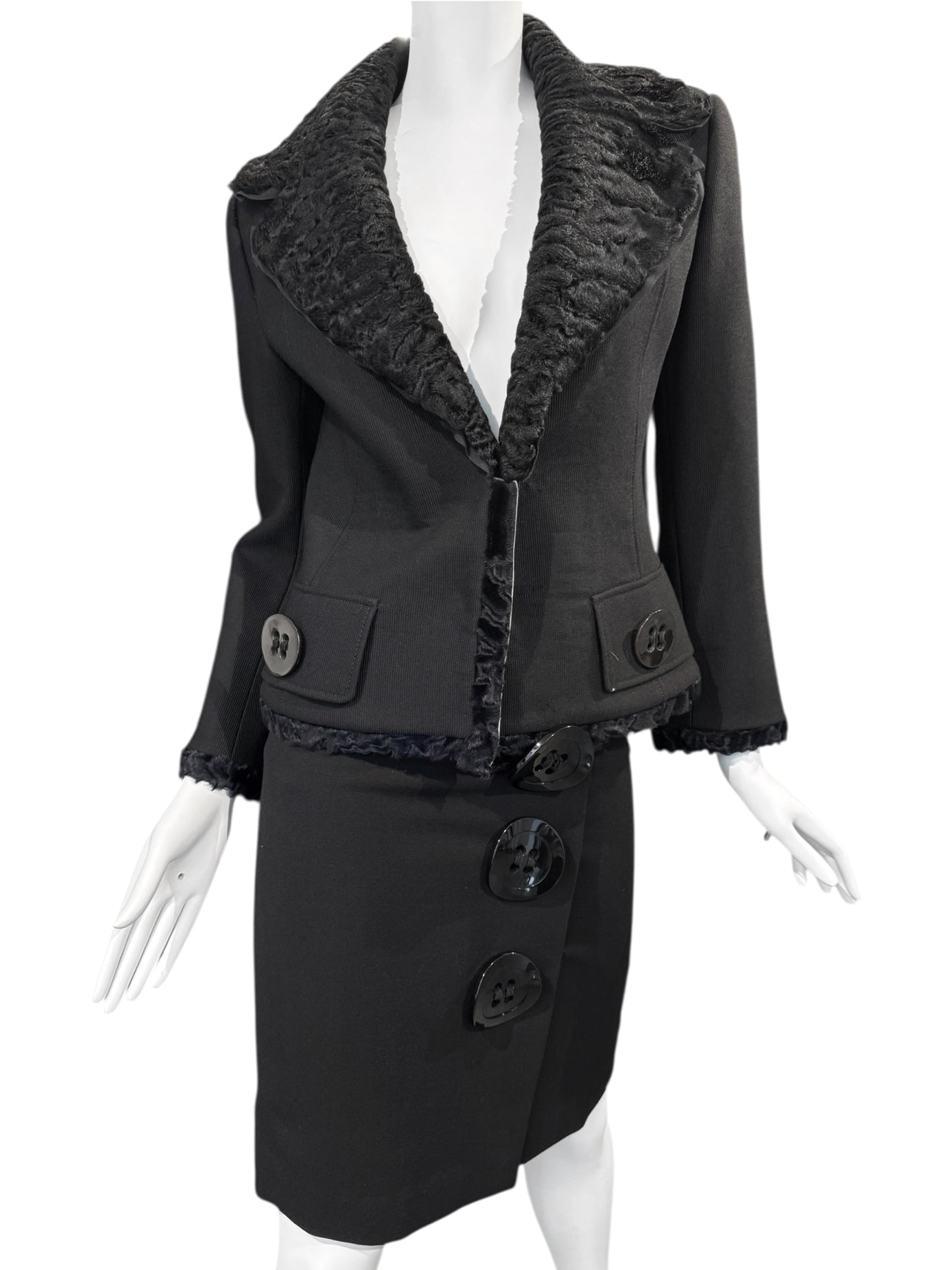 DOLCE & GABBANA FW2005 BLACK WOOL ASTRAKAN FUR TRIM BUTTONS SKIRT SUIT