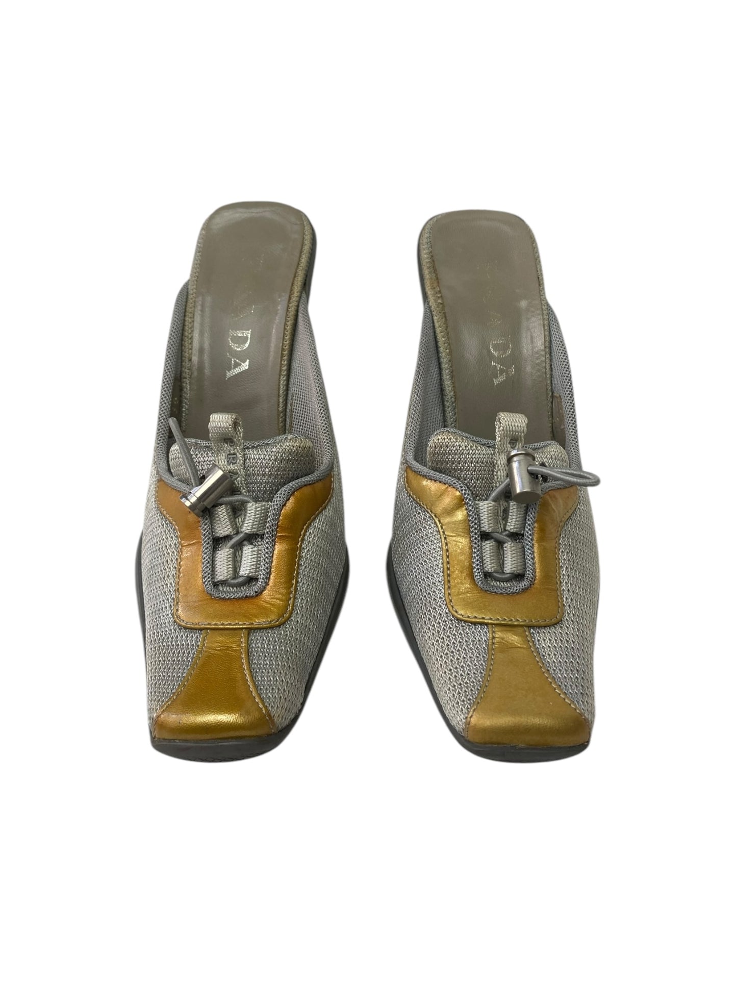 PRADA FW1999 YELLOW PATENT LEATHER & GREY MESH MULES