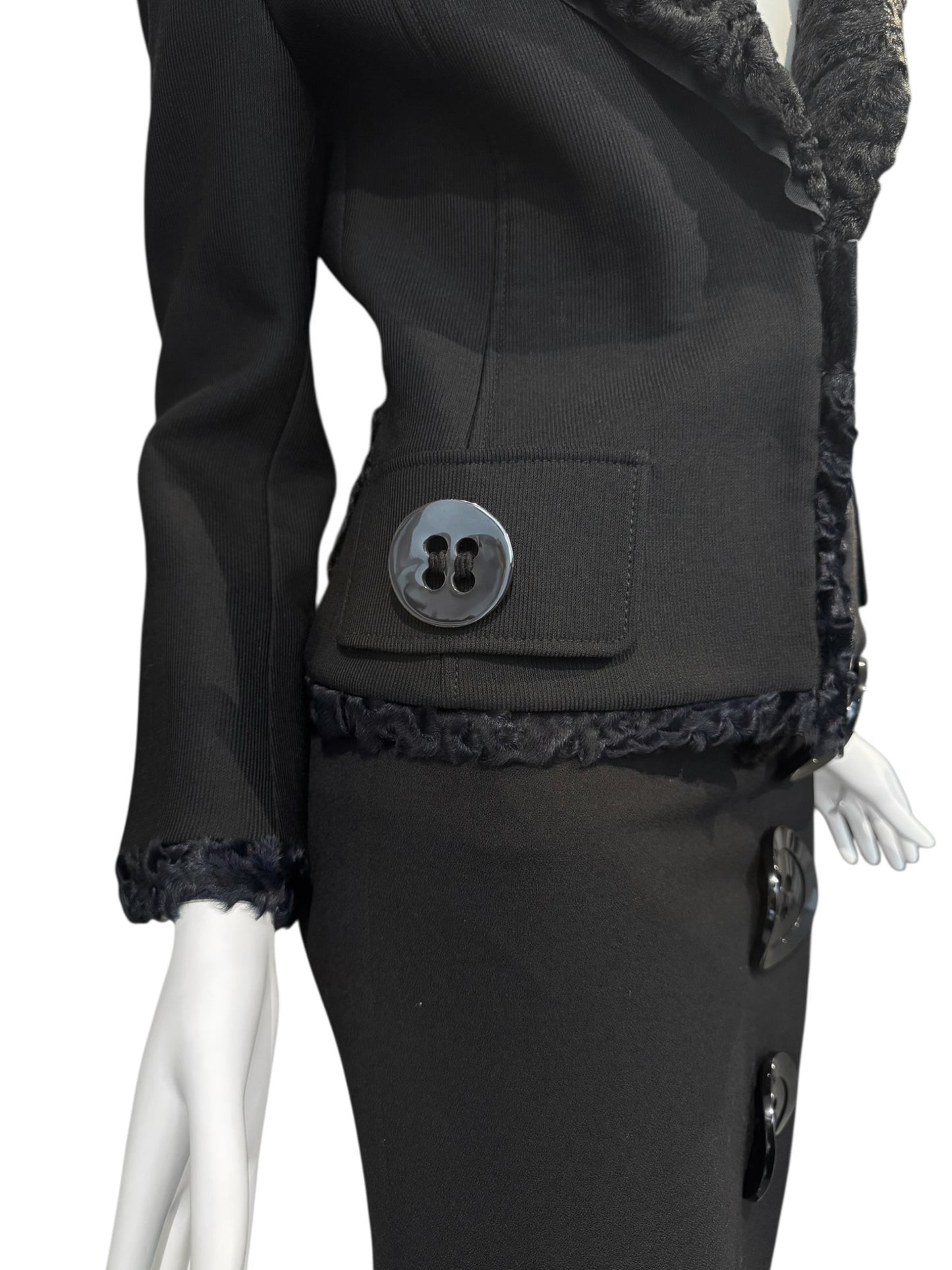 DOLCE & GABBANA FW2005 BLACK WOOL ASTRAKAN FUR TRIM BUTTONS SKIRT SUIT