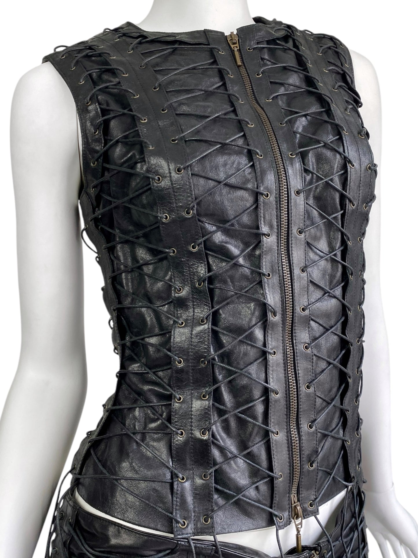 PLEIN SUD FW2002 BLACK LEATHER LACED-UP CAGE 2P. SET (JACKET + PANTS)