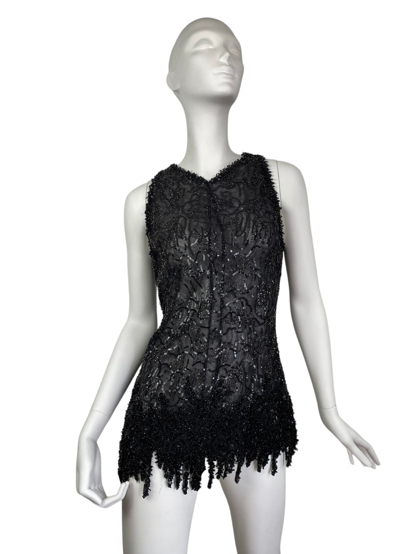 VALENTINO 1990s BLACK SILK TULLE BEADED MINI DRESS