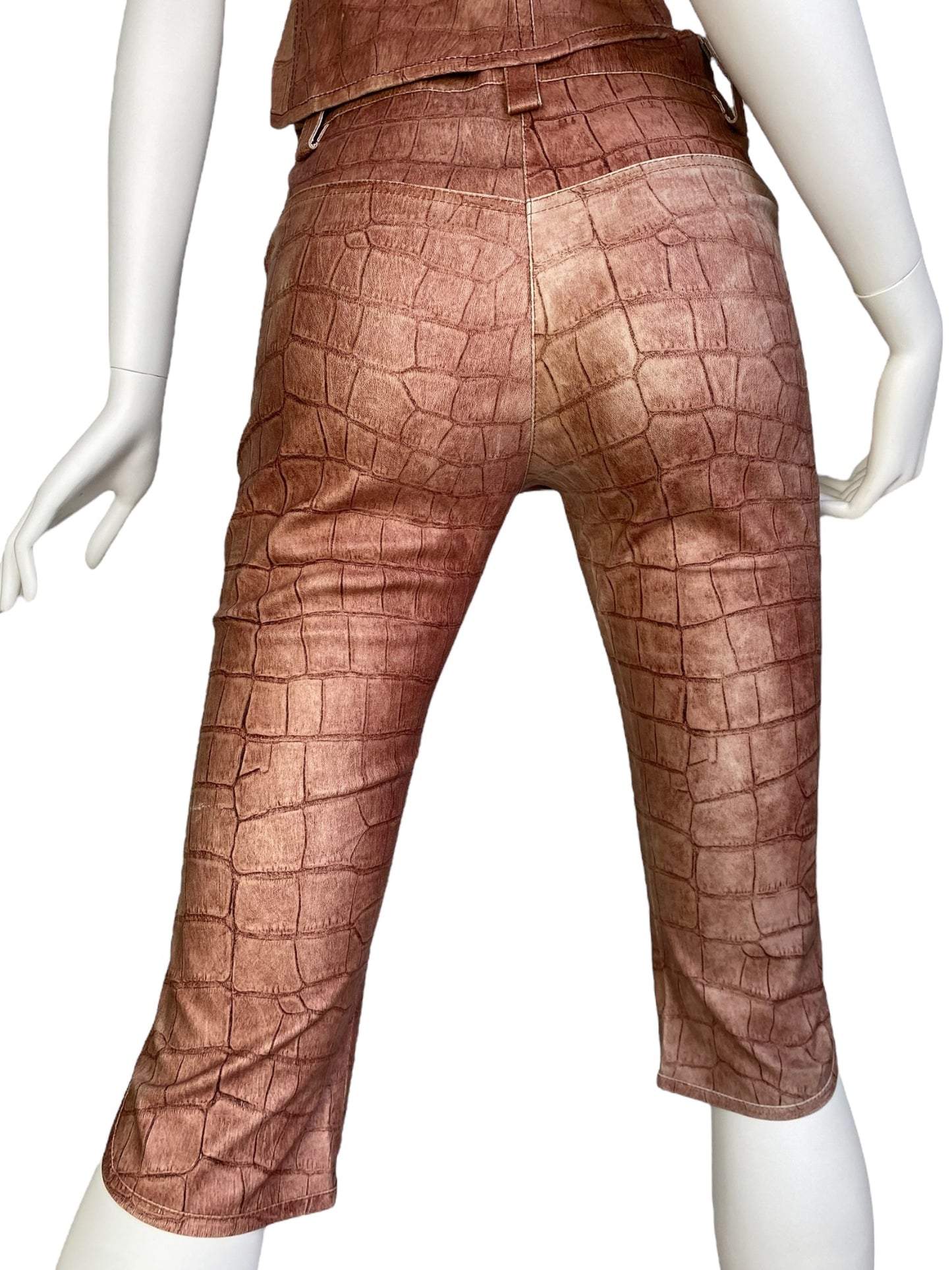 PLEIN SUD JEANS 2000s COPPER LEATHER CROCODILE EMBOSSED 2p. SET (CORSET + CAPRI PANTS)