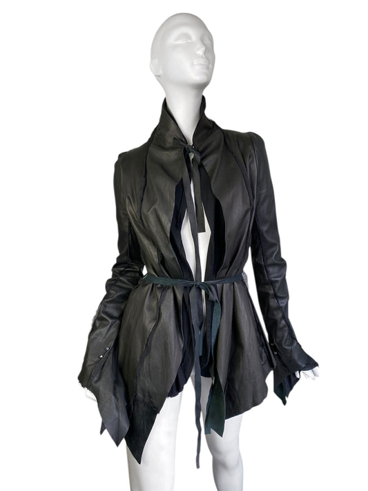 SHARON WAUCHOB FW2006 GREY LEATHER SILK TRIM ARTISANAL JACKET