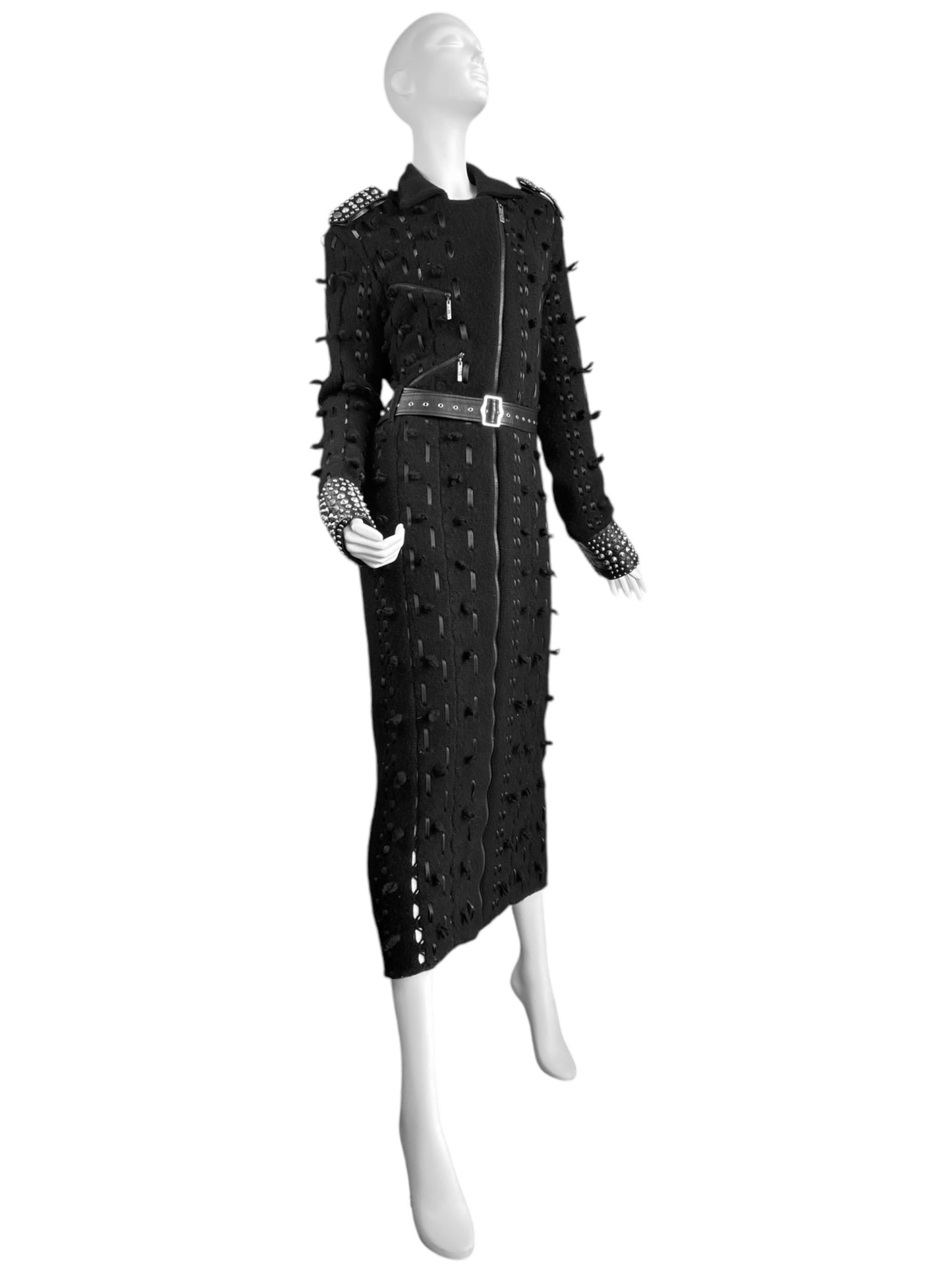 DIOR FW2004 BY GALLIANO BLACK WOOL LACED STUDDED MAXI COAT