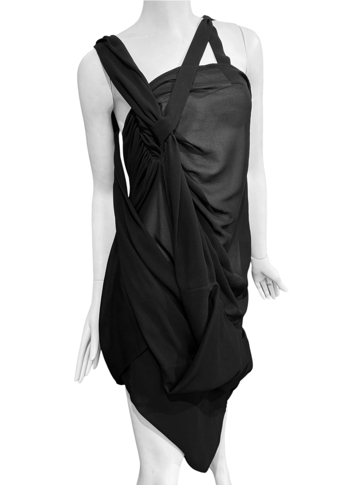 JUNYA WATANABE FW2009 BLACK SHEER ASYMMETRICAL DRAPED MIDI DRESS