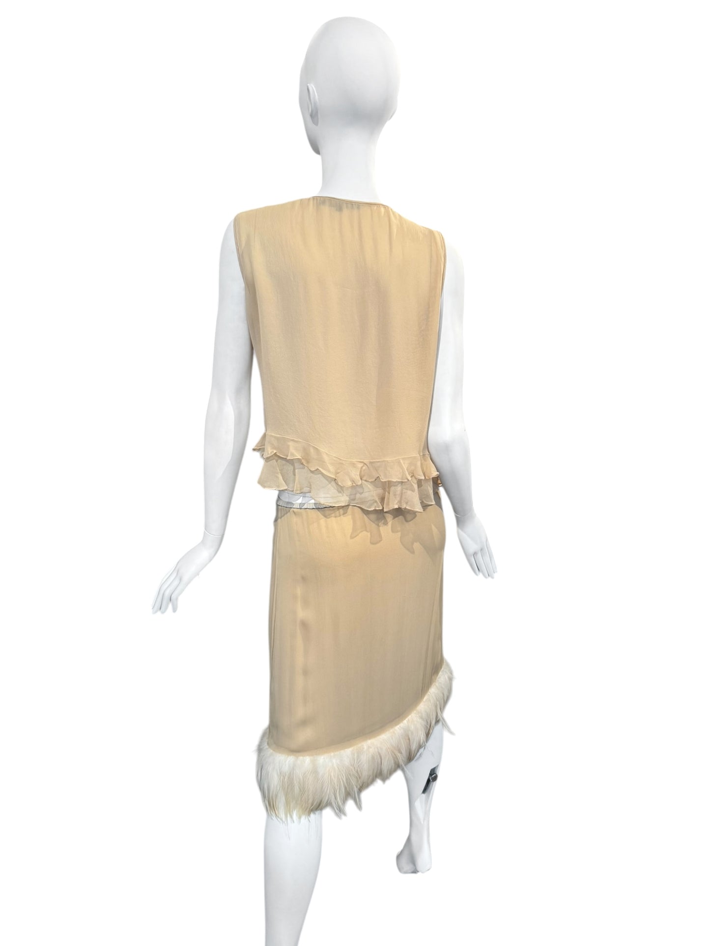 GUCCI SS1999 BY TOM FORD BEIGE SILK FEATHERS TRIM 2P. SET
