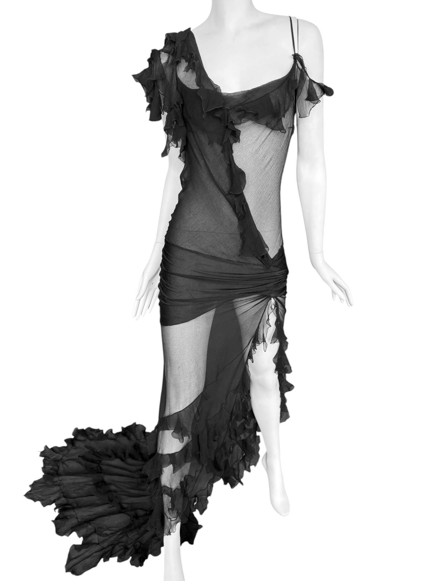 CHRISTIAN DIOR FW2006 BY JOHN GALLIANO BLACK SILK ASYMMETRICAL RUFFLES TRAIN MAXI DRESS