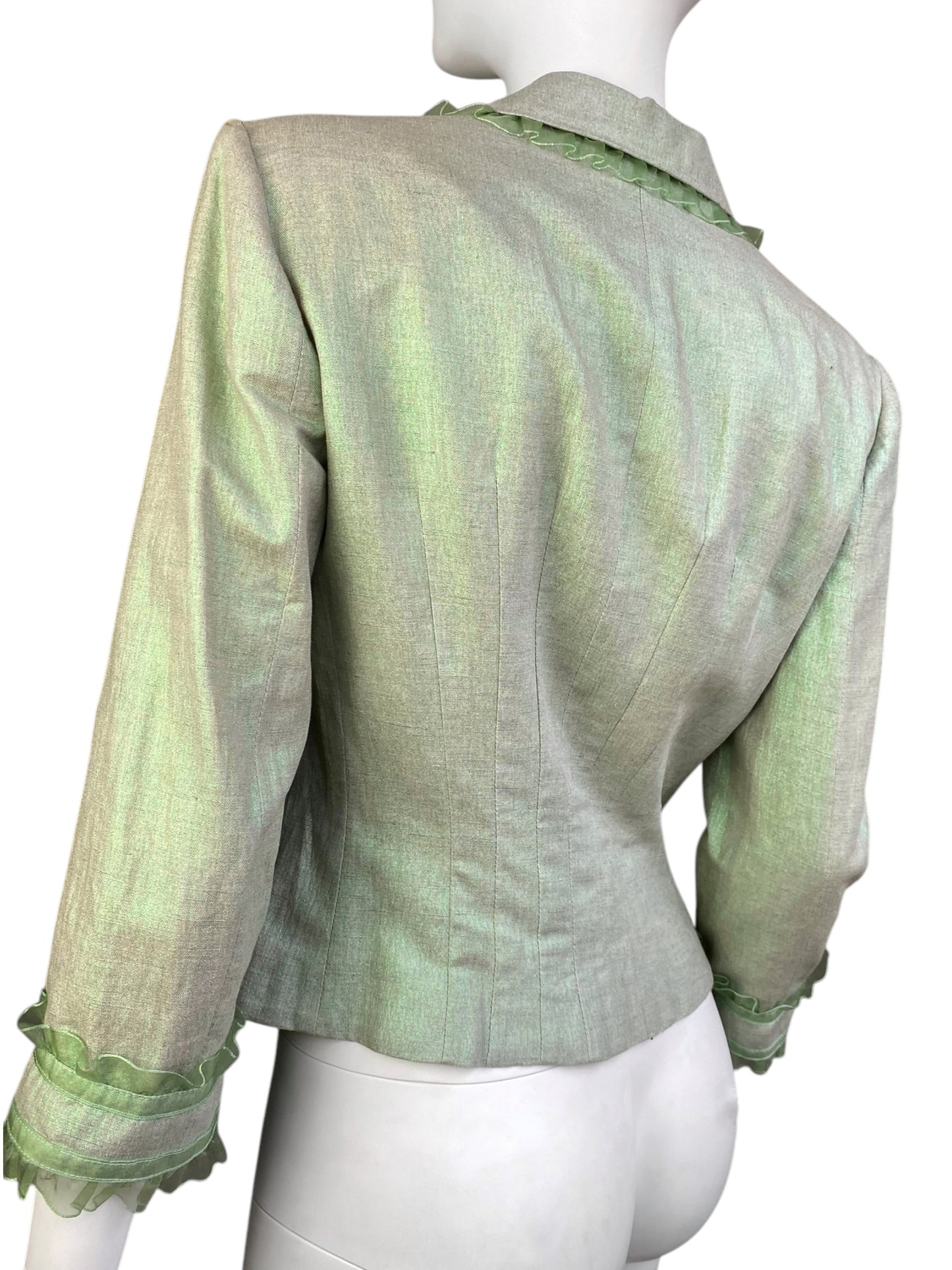 ALEXANDER MCQUEEN C.1995-1996 LIGHT GREEN SHEER RUFFLE TRIM BLAZER