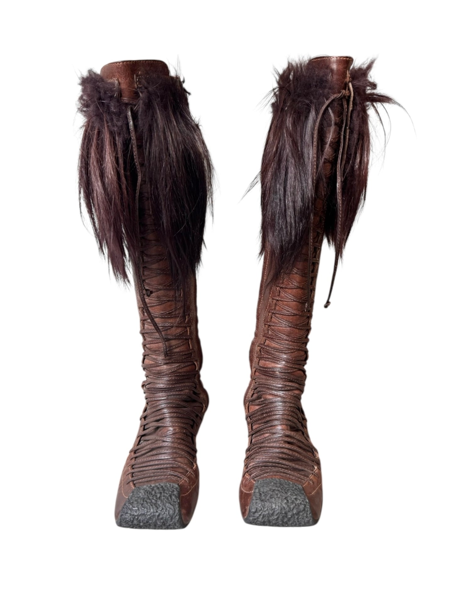 DIOR FW2002 BY GALLIANO BROWN LEATHER & FUR LACE-UP BOOTS