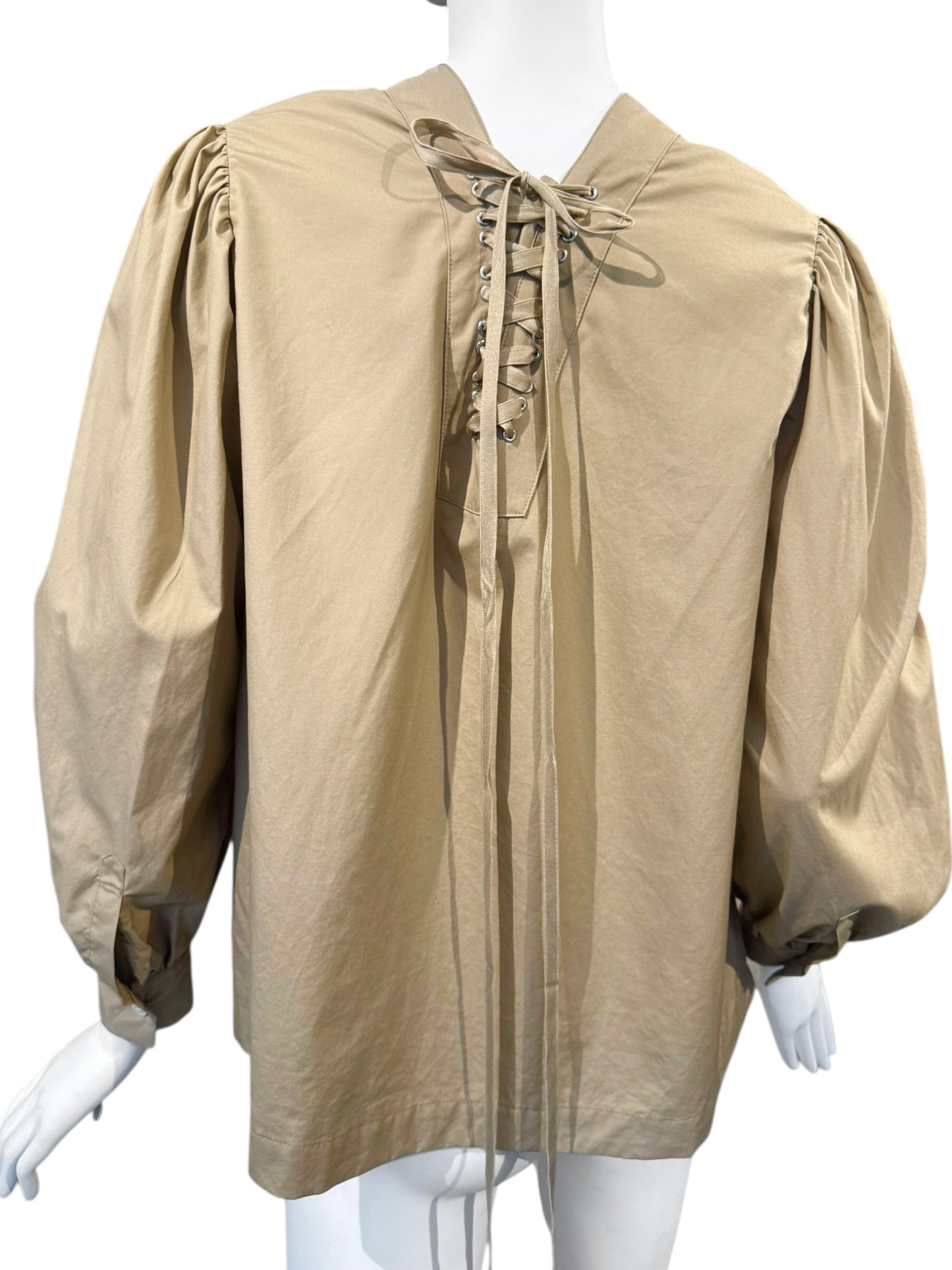 NOIR KEI NINOMIYA SS2022 BEIGE LACE-UP NECKLINE PUFFY SLEEVES TOP