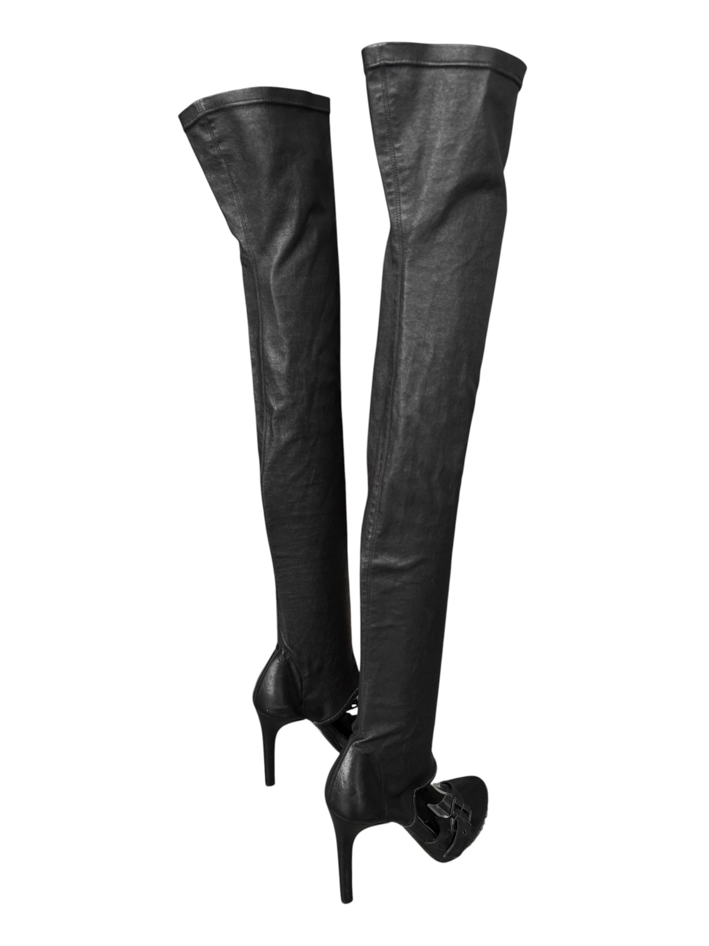 PLEIN SUD 2000s BLACK LEATHER STUDDED OPEN TOE THIGHBOOTS