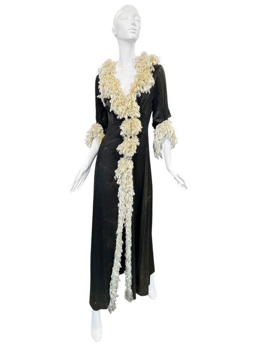 FAYÇAL AMOR FW1994 DARK GREEN FEATHERS COLLAR MAXI DRESS/COAT