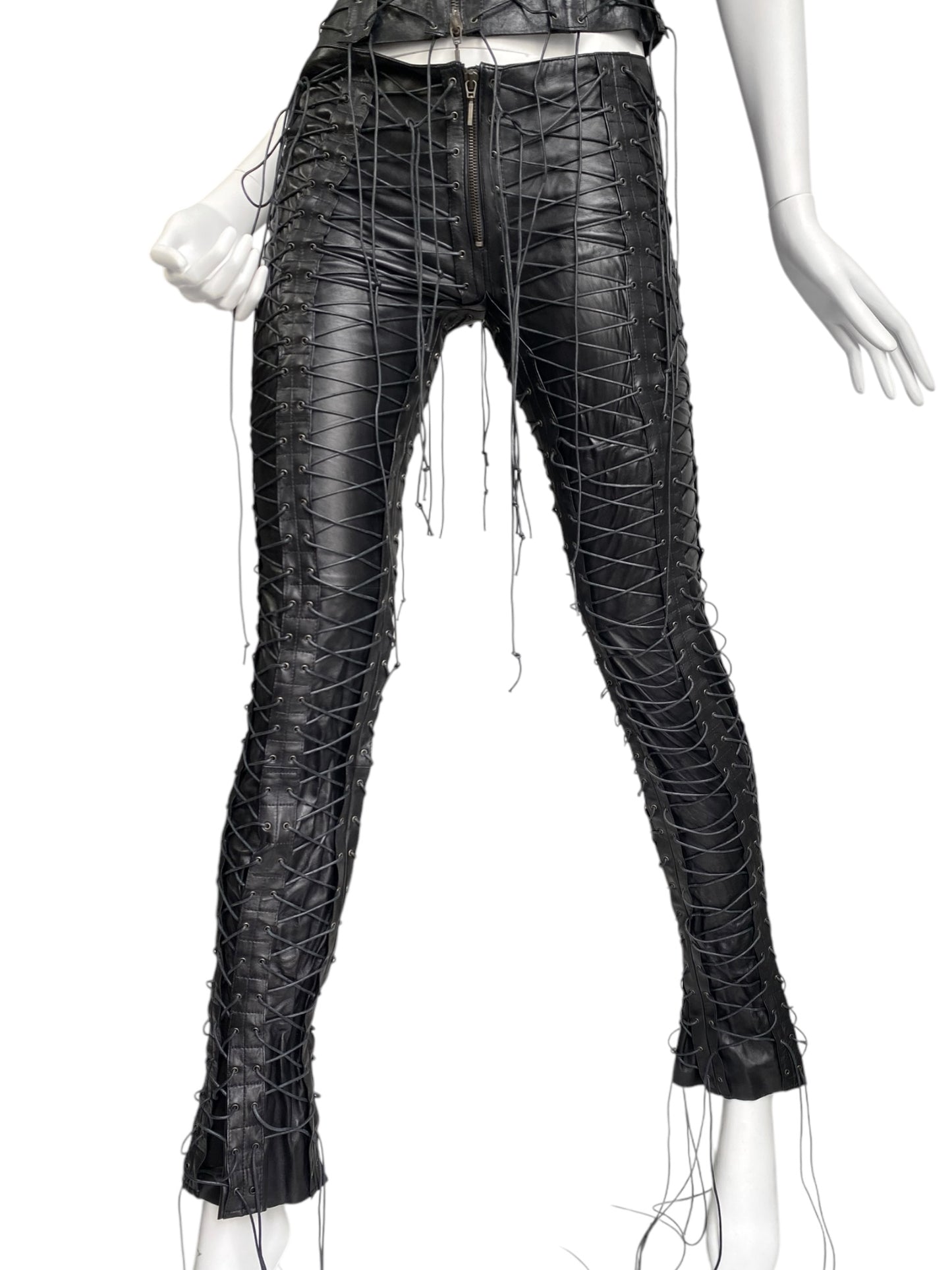 PLEIN SUD FW2002 BLACK LEATHER LACED-UP CAGE PANTS