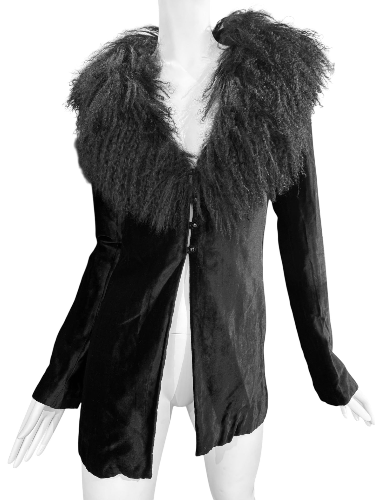 PLEIN SUD FW1994 BLACK VELVET & MONGOLIAN LAMB FUR JACKET