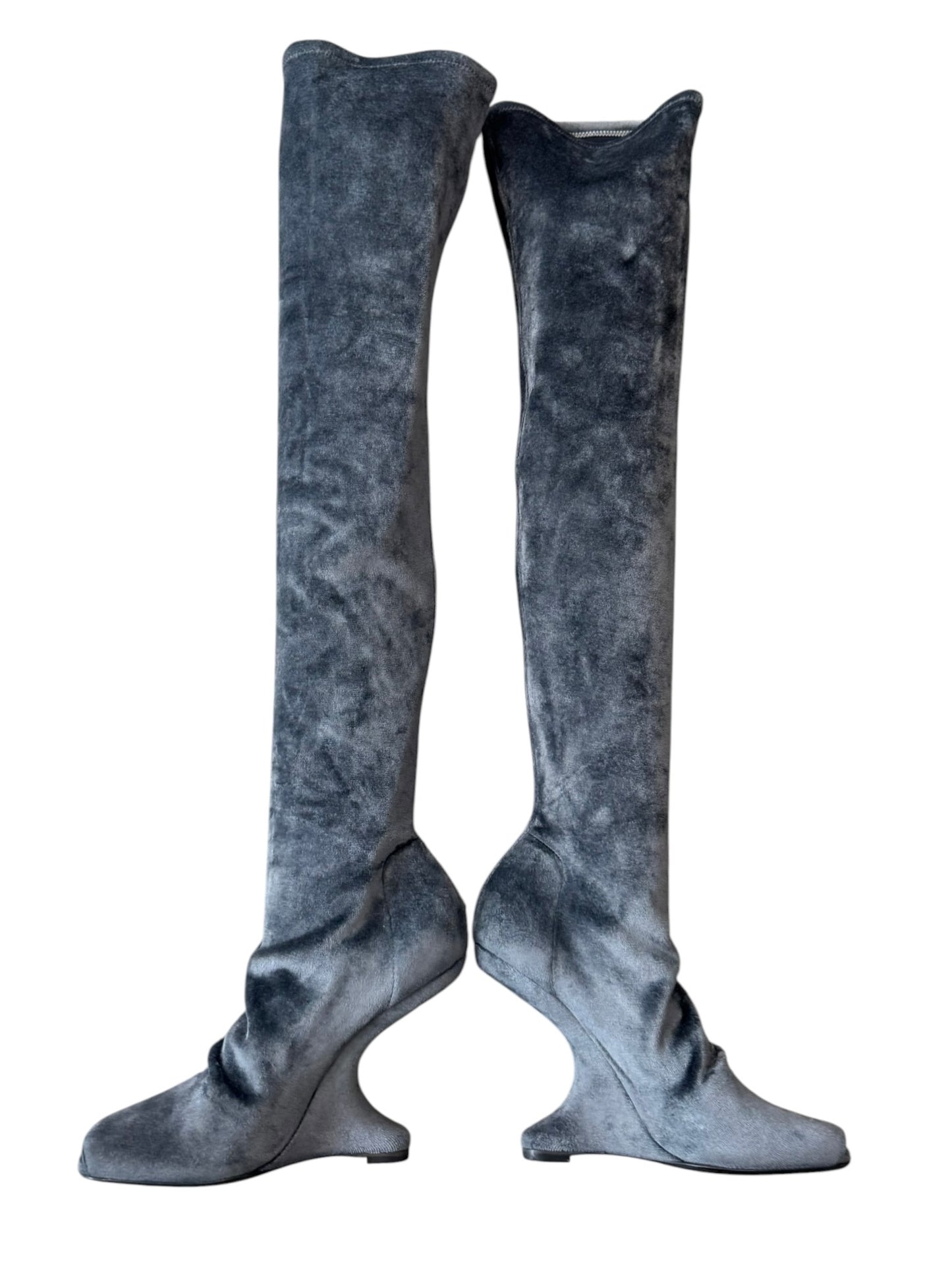 RICK OWENS 2020S GREY VELVET CANTILEVER THIGH-HIGH BOOTS