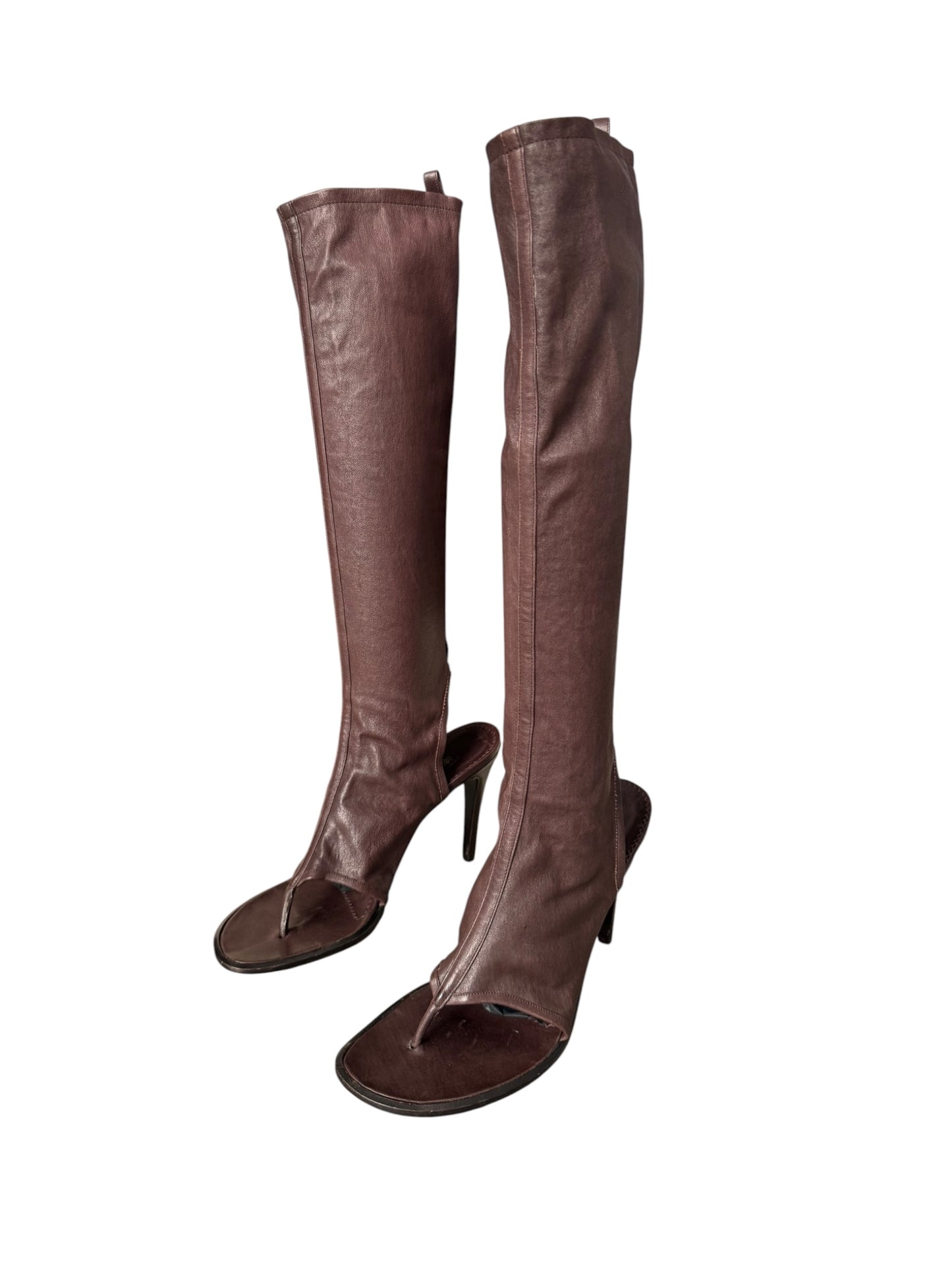 PLEIN SUD SS2004 BROWN LEATHER KNEE-HIGH THONG SANDAL BOOTS