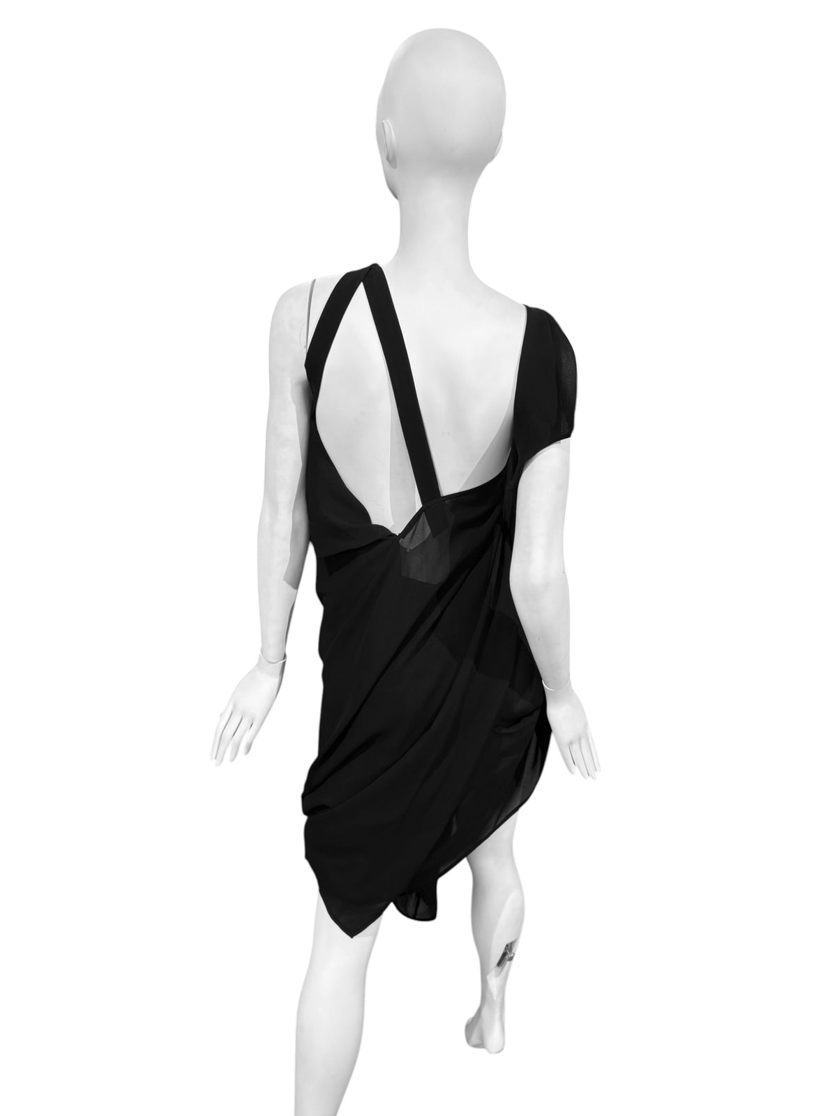 JUNYA WATANABE FW2009 BLACK SHEER ASYMMETRICAL DRAPED MIDI DRESS