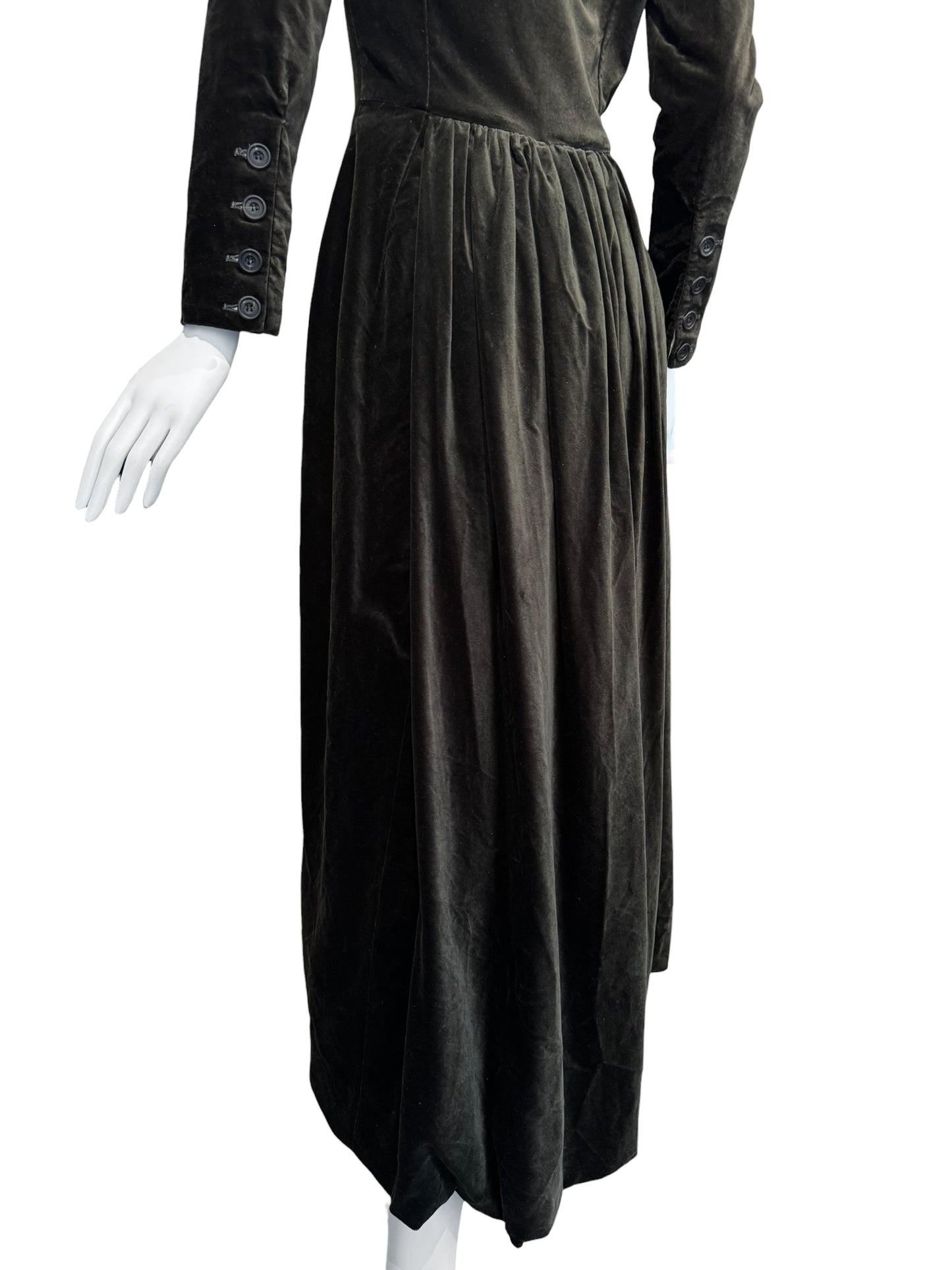 PAUL HARNDEN SHOEMAKERS 2000s DARK OLIVE VELVET MAXI ASYMMETRIC BUTTON MAXI DRESS