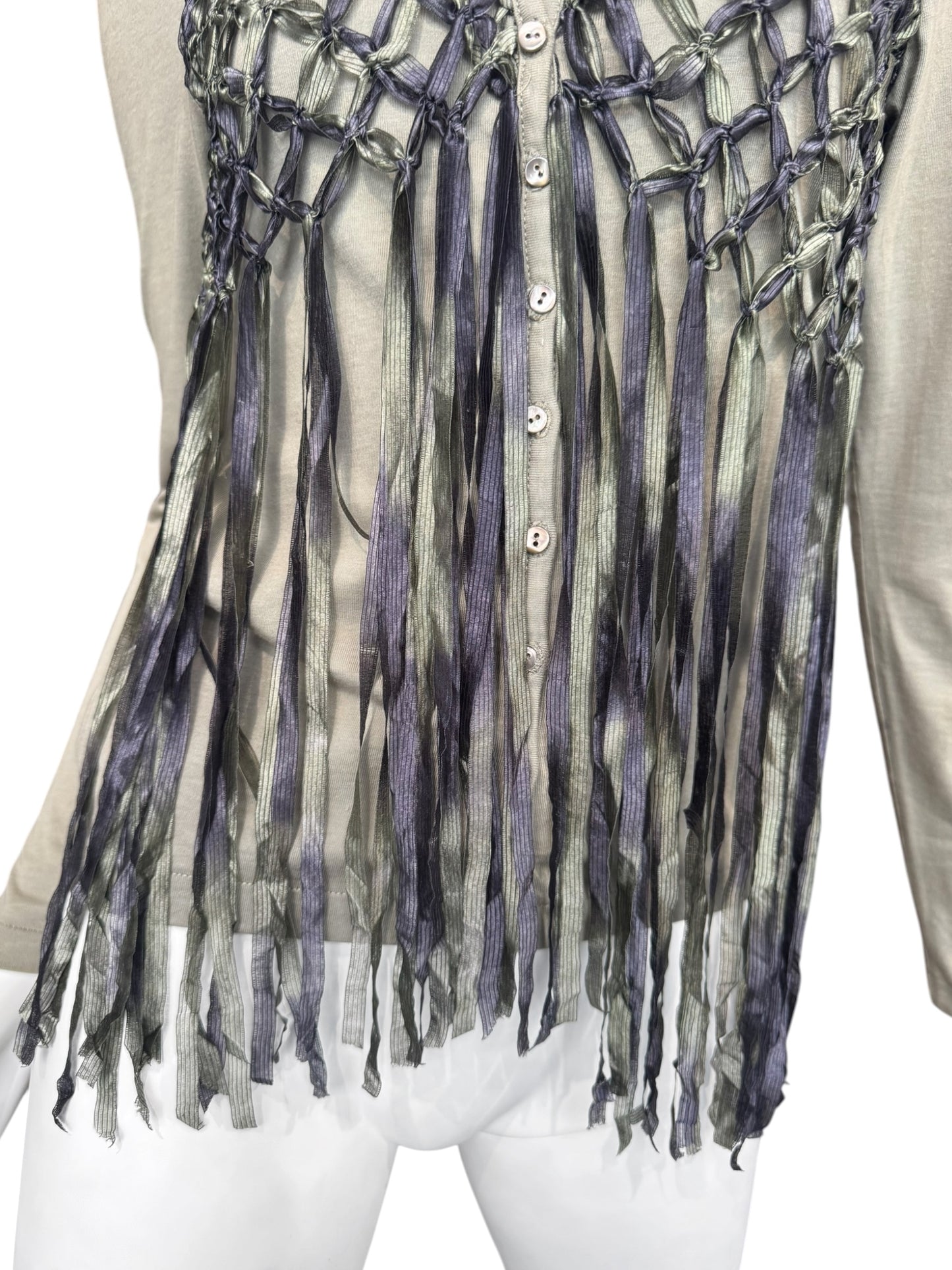 DIOR SS2003 BY JOHN GALLIANO KAKI COTTON & SILK KNOTTED FRINGE CARDIGAN