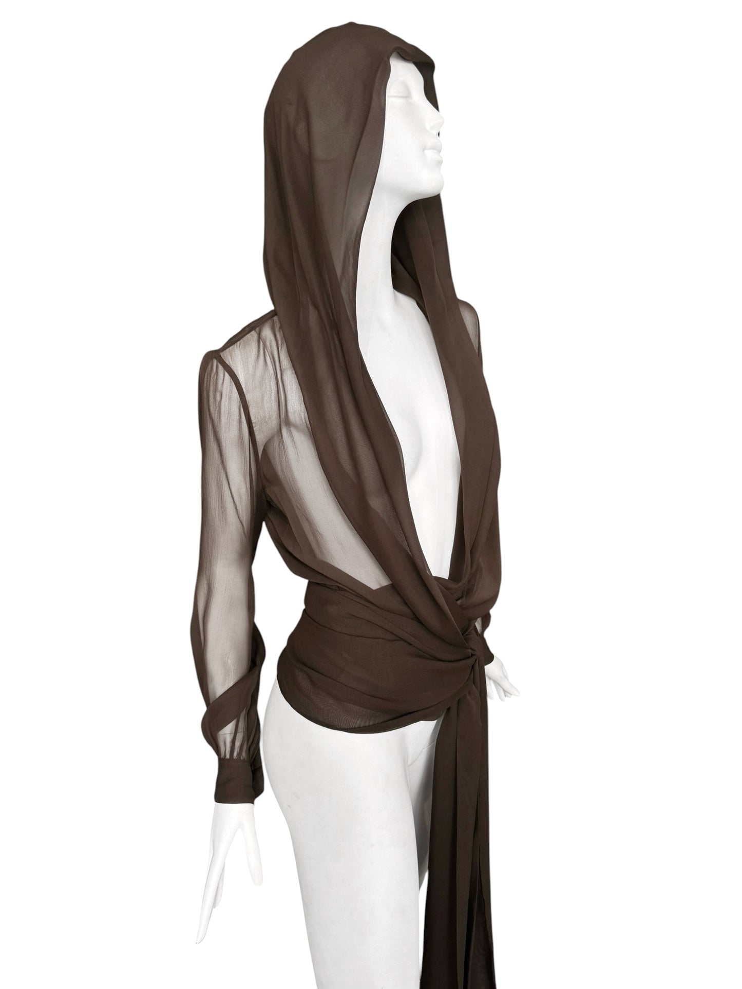 SAINT LAURENT PRE-FALL 2023 BY ANTHONY VACCARELLO BROWN SILK HOODED WRAP BLOUSE