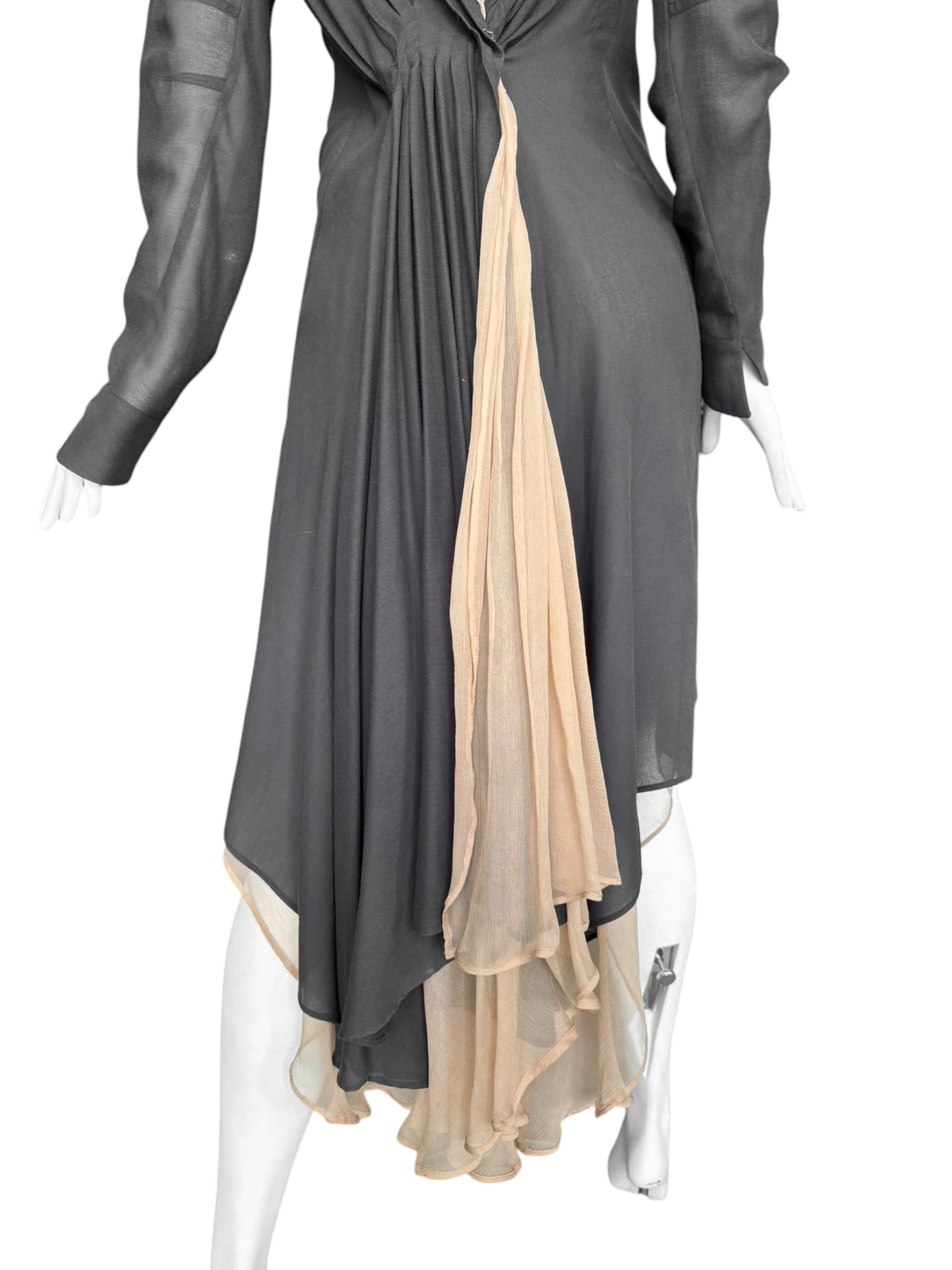 GUSTAVO LINS HAUTE COUTURE SS2009 DARK GREY & BEIGE SILK LAYERED PLEATED MIDI DRESS