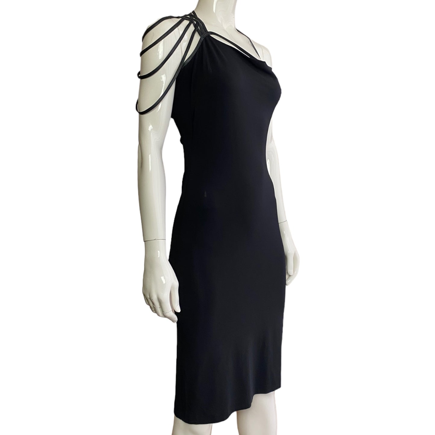 FAYÇAL AMOR 2002 BLACK ASYMMETRICAL LEATHER STRAPS DRESS