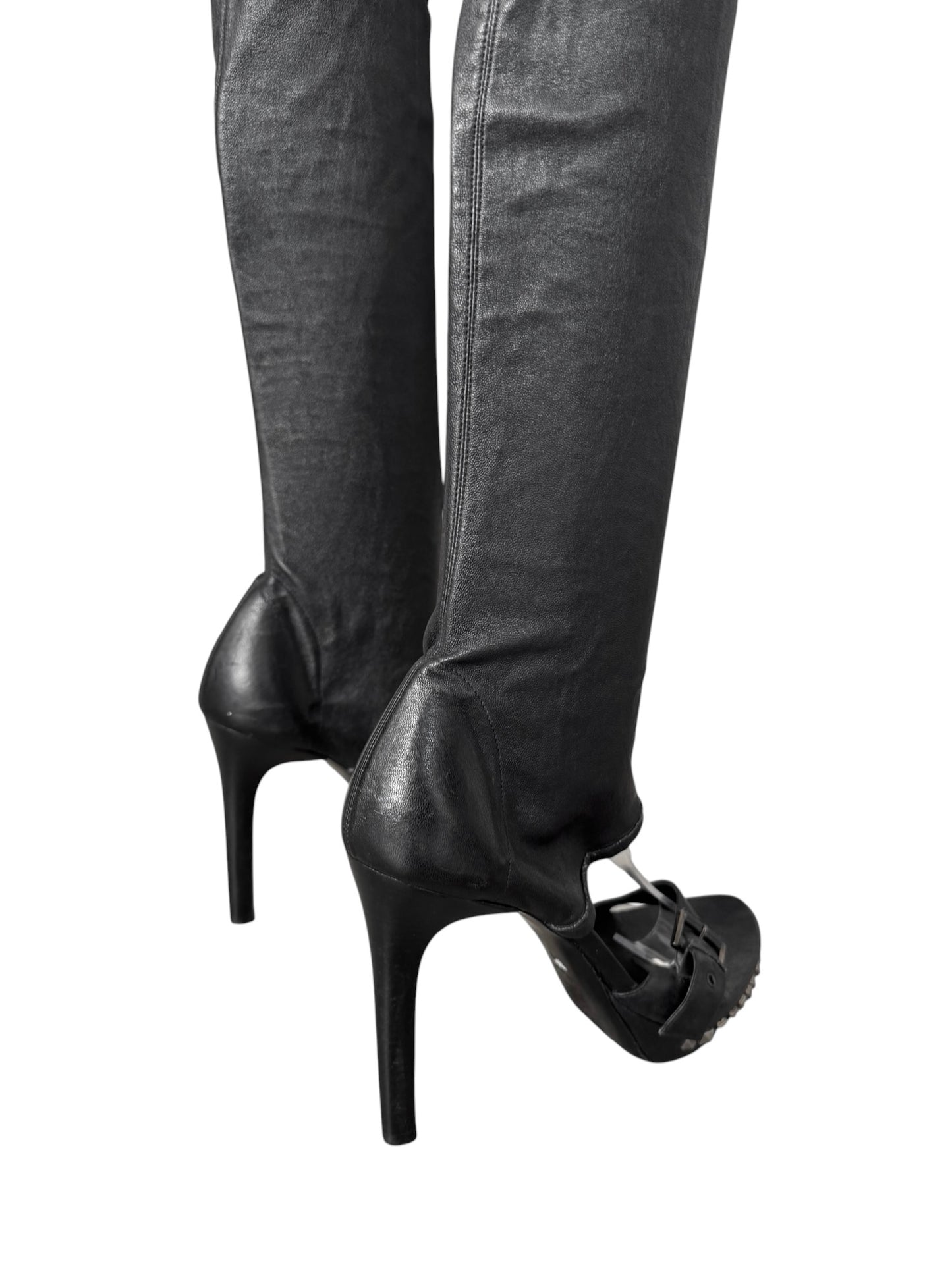 PLEIN SUD 2000s BLACK LEATHER STUDDED OPEN TOE THIGHBOOTS