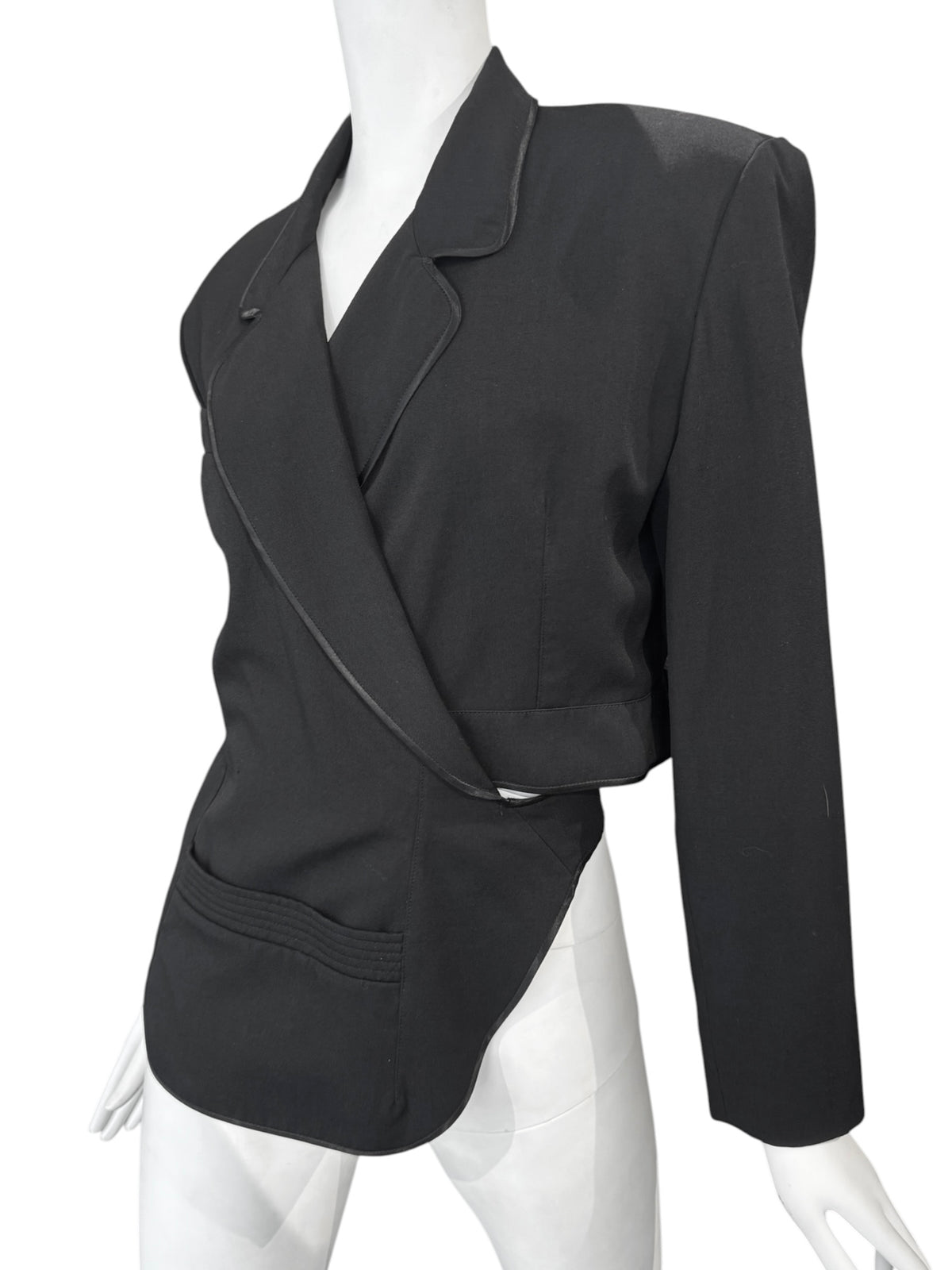 PLEIN SUD 1980s BLACK WOOL BLEND WRAP BLAZER