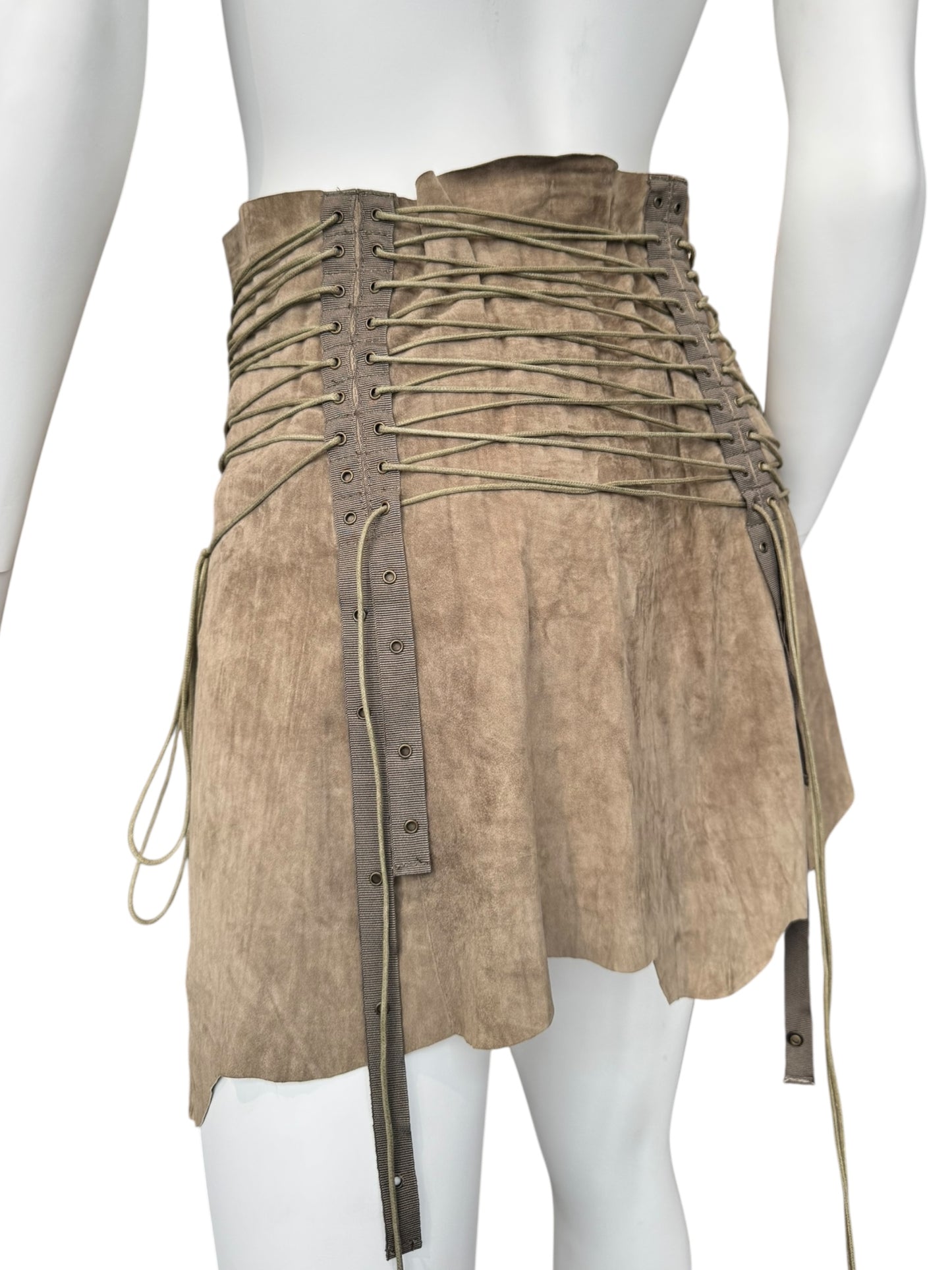 PLEIN SUD SS2003 KHAKI SUEDE LEATHER LACE-UP MINI SKIRT
